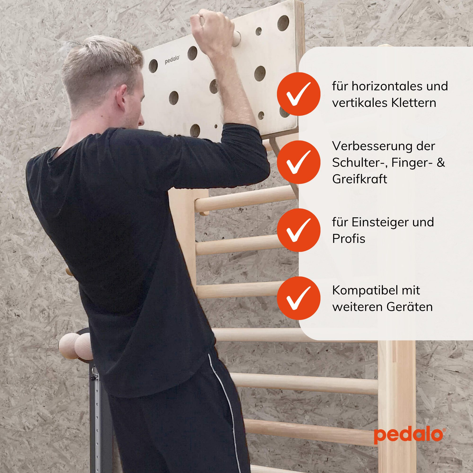 pedalo® Kletter-Trainingsgerät Kletter Trainingsboard 300 / 600 - Das Pegboard fürs Bouldern (Boulder Set mit 2 Sticks, 1 Kletterboard, 2 Sticks, Montagematerial), Pegboard für Wandbefestigung und zum Einhängen in Sprossenwand