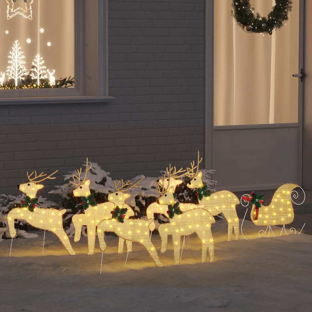 vidaXL Weihnachtsszene, LED Rentiere 7 pcs Gold Stoff