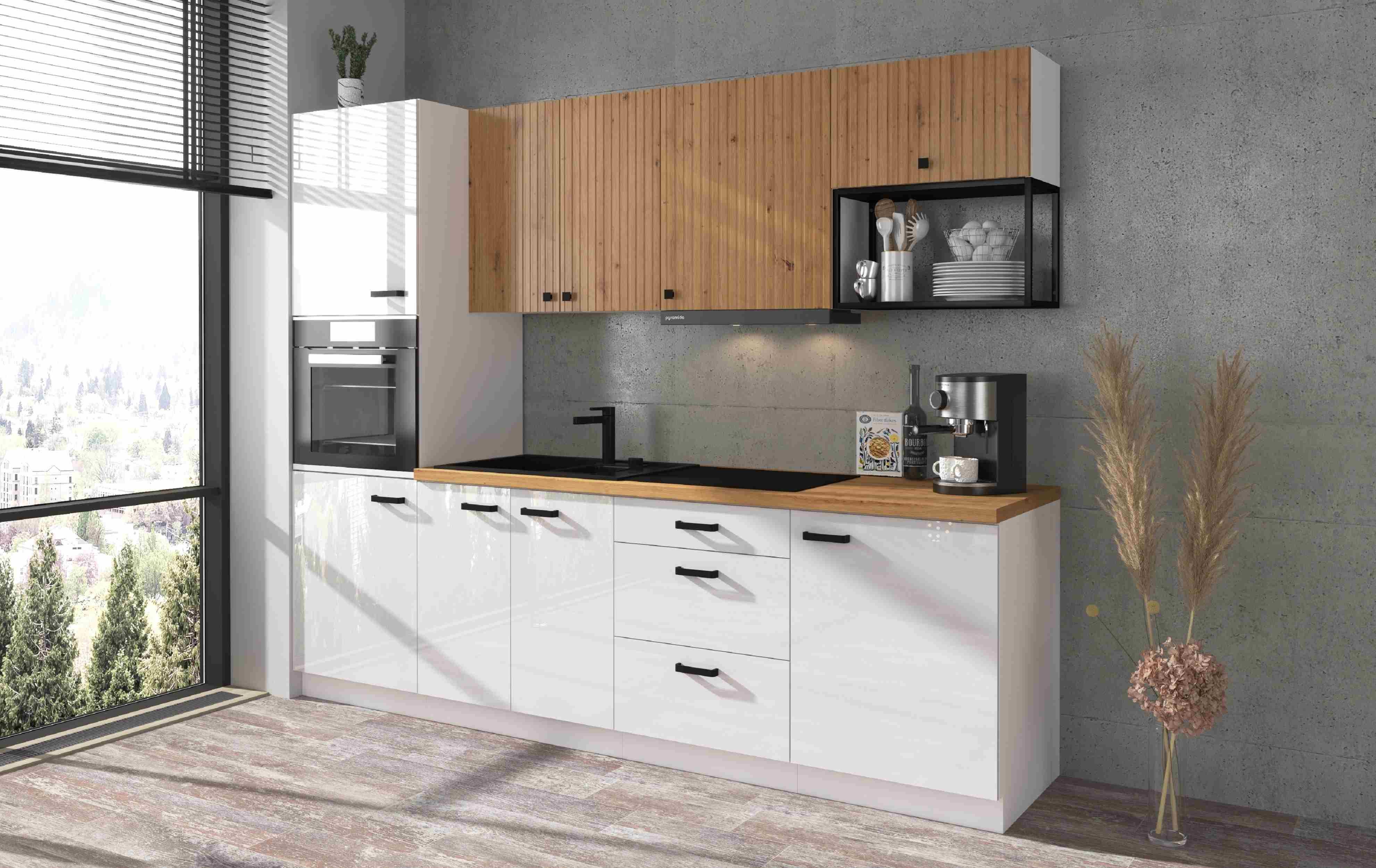 Furnix Küchenzeile Linta IV Küchenmöbel-Set 260 cm mit Hängeschränken ohne E-Geräte, ästhetisches zeitloses Design, 260x210x60 cm