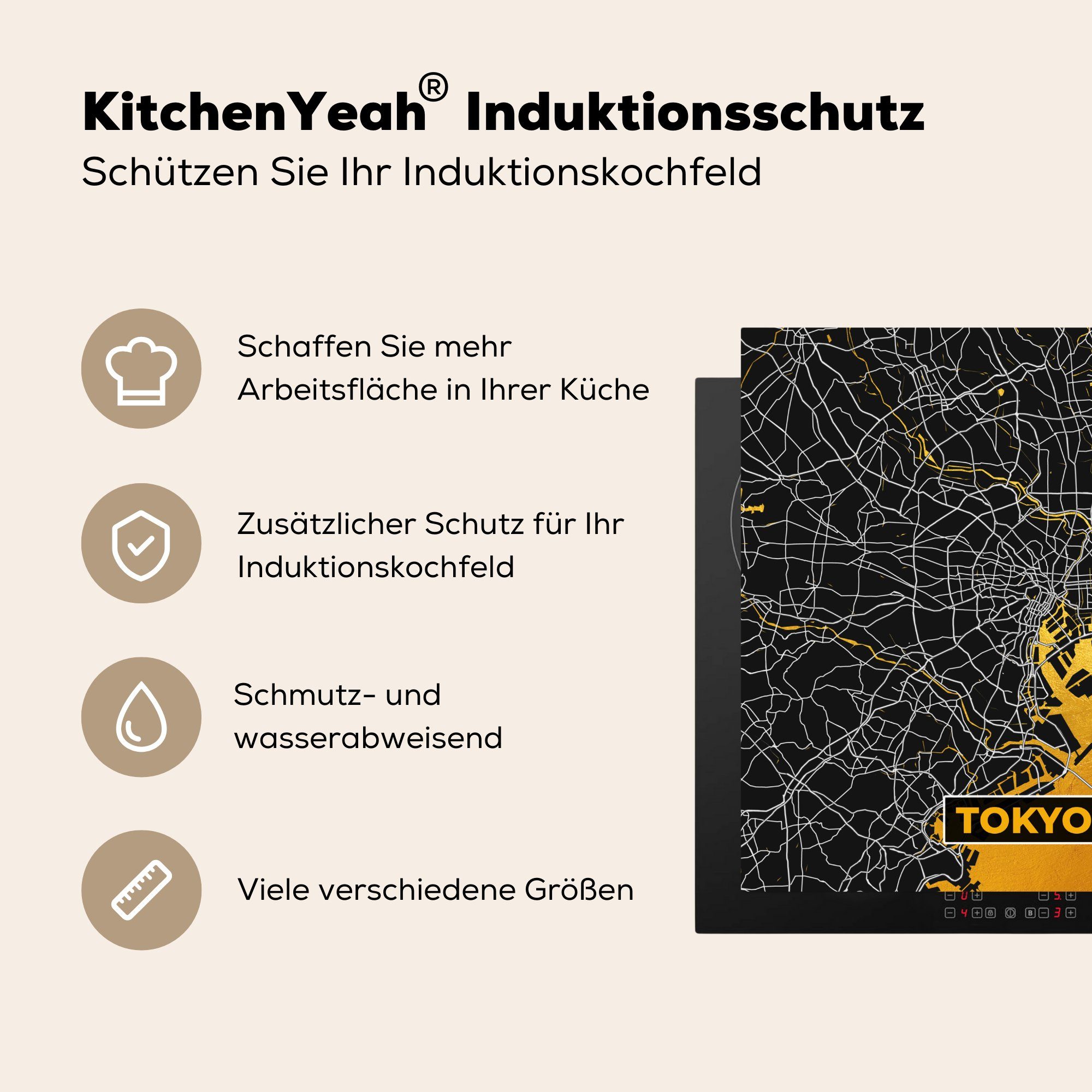 MuchoWow Herdblende-/Abdeckplatte Tokio - Gold tlg), (1 Stadtplan - Arbeitsplatte cm, - Ceranfeldabdeckung, Karte, für Vinyl, küche 78x78