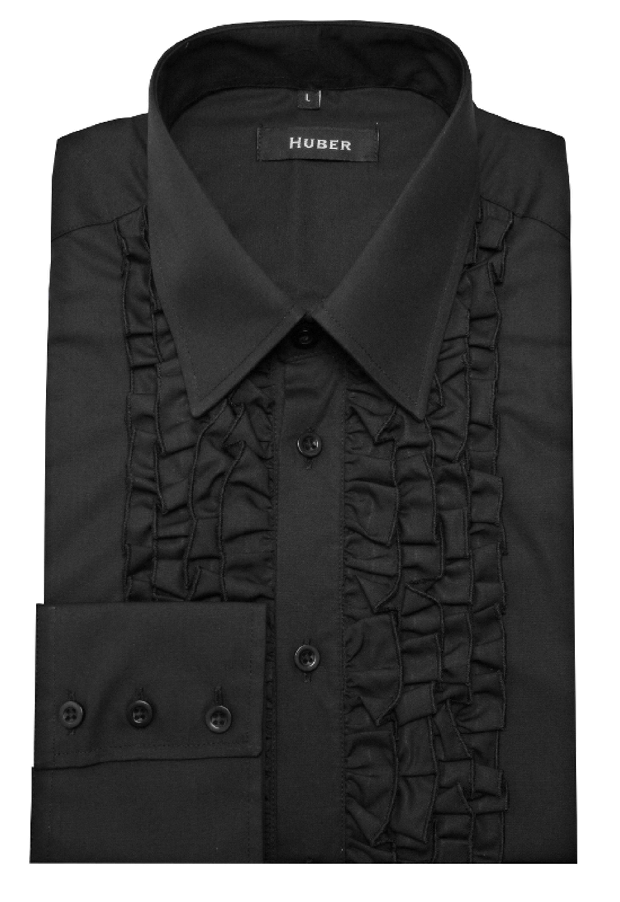 Langarmhemd / HU-0091 Form Comfort Hemden Regular Vorderteil, Rüschen schwarz weite Fit-bequeme Huber im