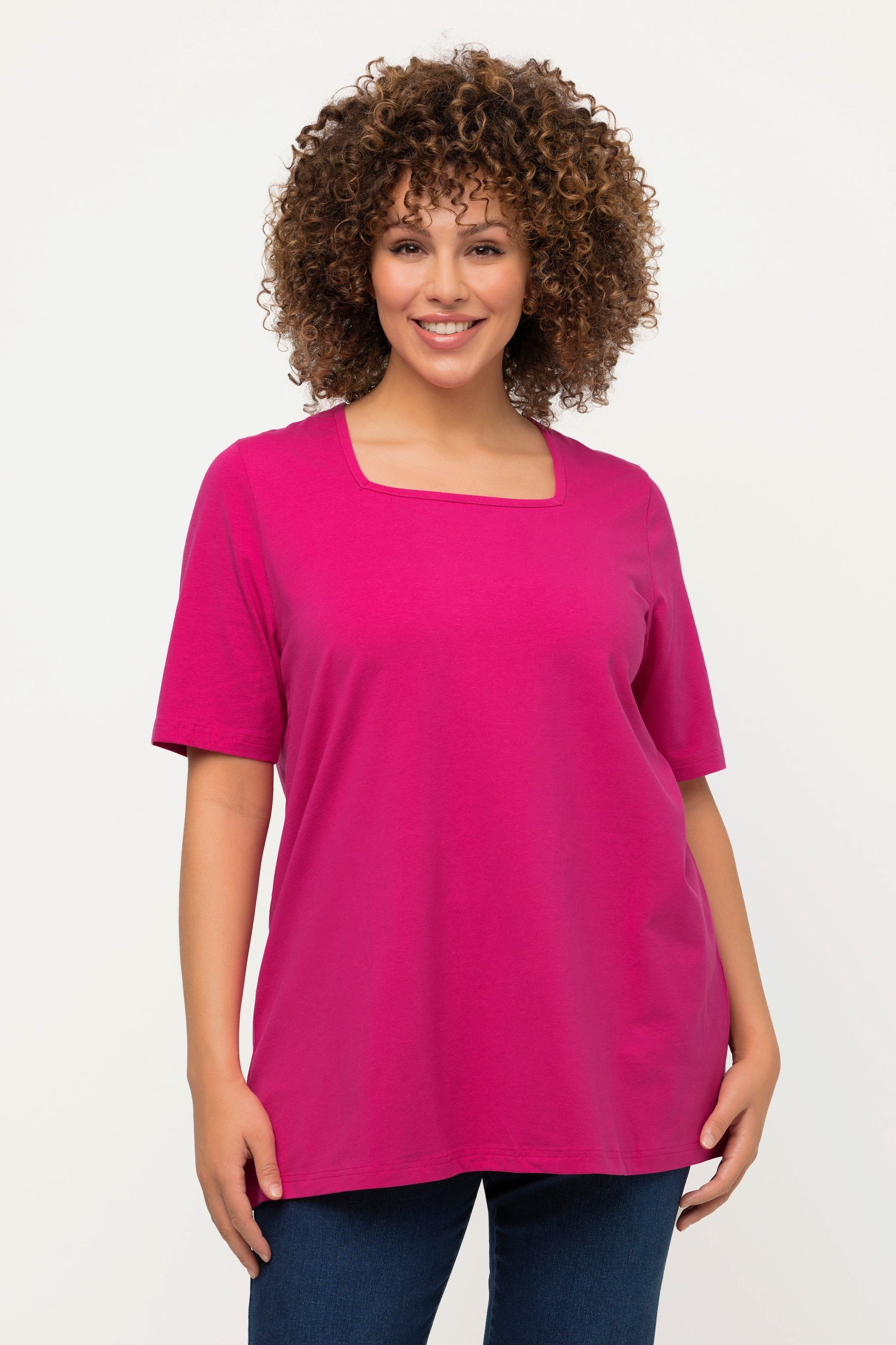 Ulla Popken Rundhalsshirt T-Shirt A-Linie pink Carree-Ausschnitt Halbarm fuchsia