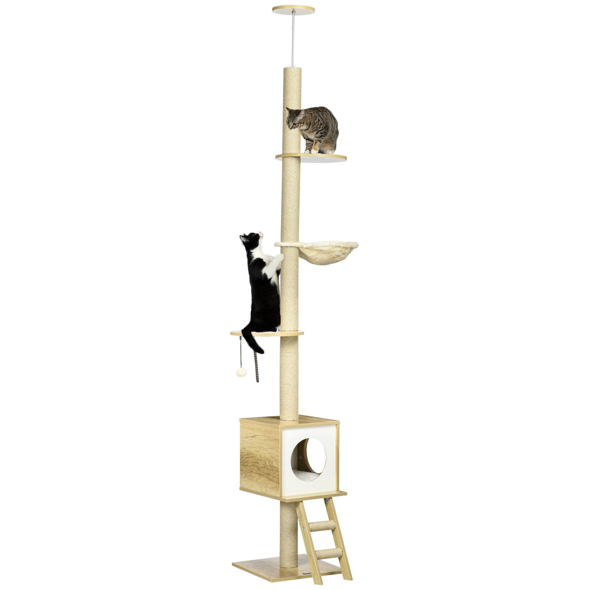 PawHut Kratzbaum Kletterbaum mit Katzenhaus Katzenleiter Katzenbaum, Hellbraun+Beige, Hellbraun+Beige, 40 x 40 x 240-260 cm