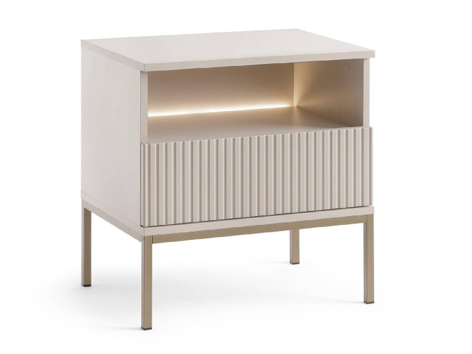 Nachttisch SANTIA 1S mit LED-Fach Lamellen Kaschmir Beige Gold