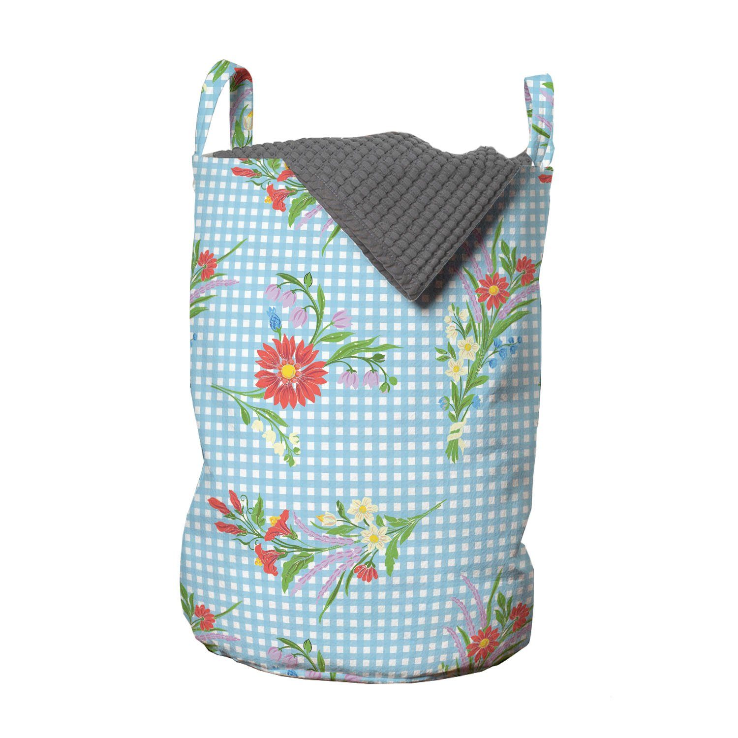 Abakuhaus Wäschesäckchen Wäschekorb mit Griffen Kordelzugverschluss für Waschsalons, Blumen Leuchtende Blüten auf Tartan