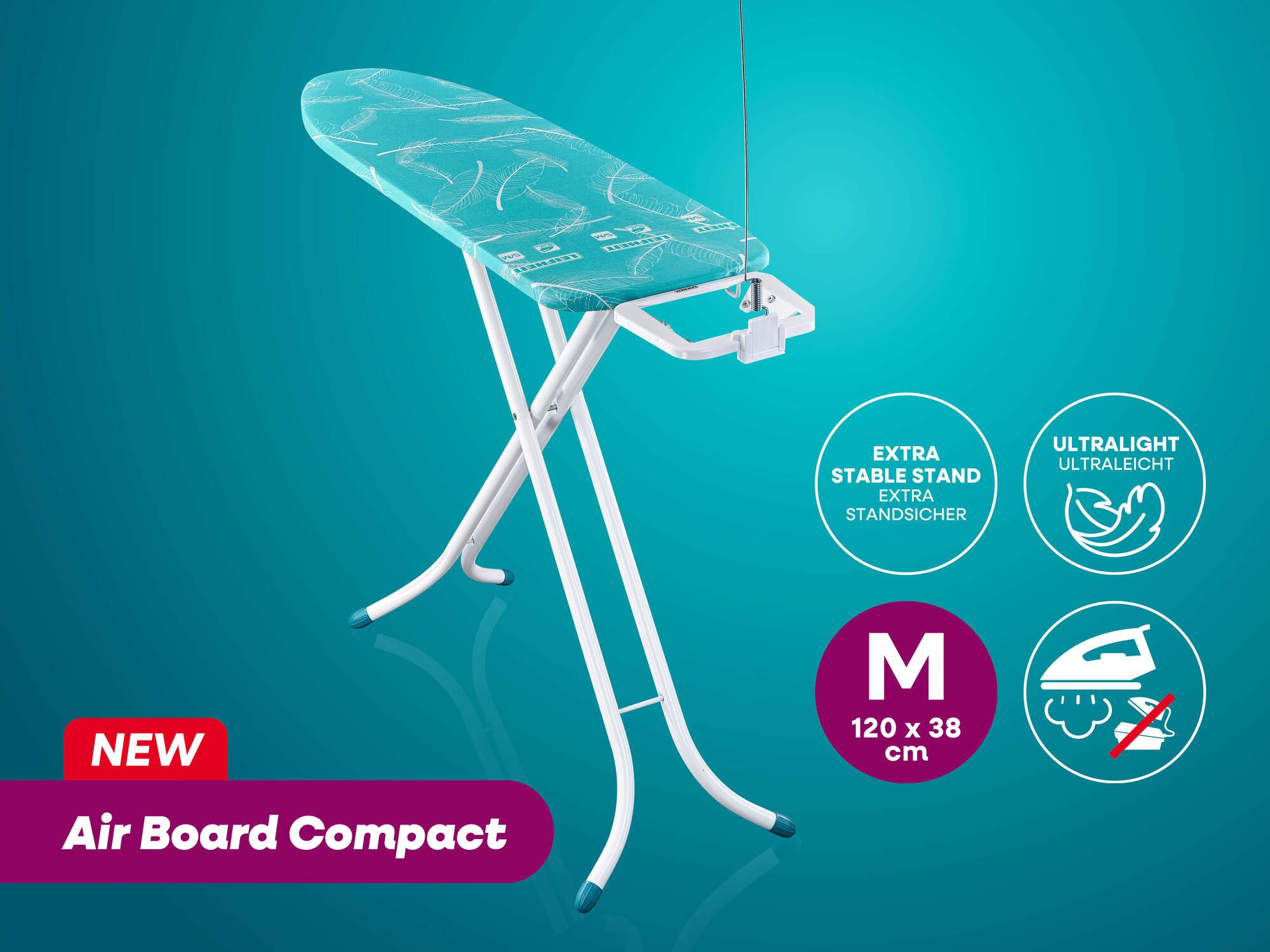 Leifheit Bügelbrett Bügeltisch Air Board M Compact, Bügelfläche 38.0x120.0 cm, Zwei-Seiten-Bügeleffekt, Bügelfläche 120 x 38cm, höhenverstellbar
