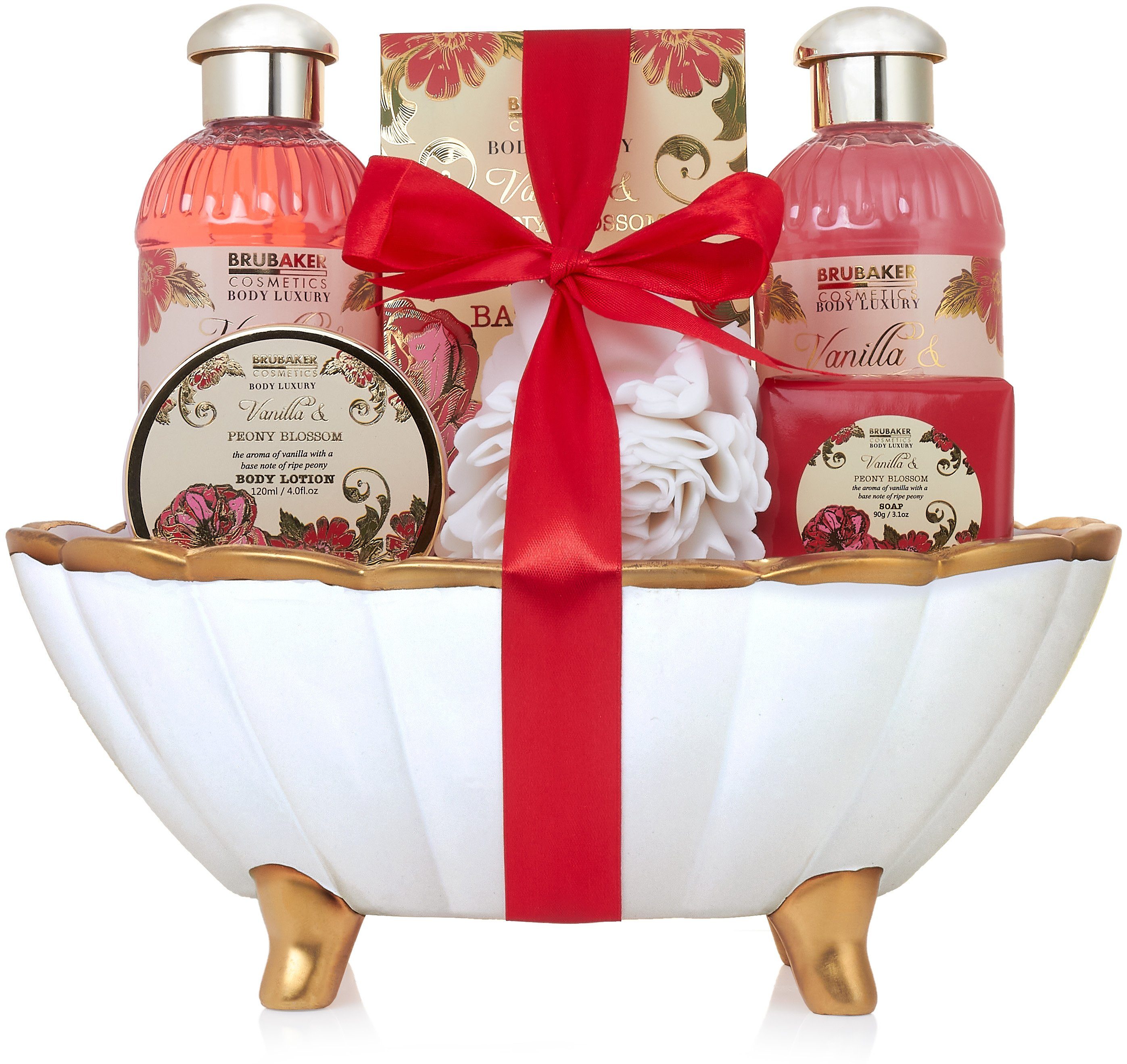 BRUBAKER Pflege-Geschenkset Dusch- und Badeset - Peony Vanilla Pflegeset mit Pfingstrose & Vanille Duft, 7-tlg., Frauen Geschenkset in Deko Badewanne