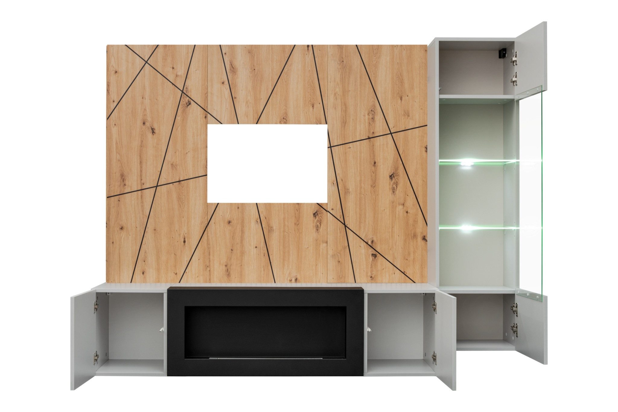 ASM-Moebel Wohnwand Wohnwand XARI PGAS-K mit Led Push - Click und Bio-Ethanol Kamin, Mit Bio-Ethanol Kamin Led Beleuchtung und Push-Click System