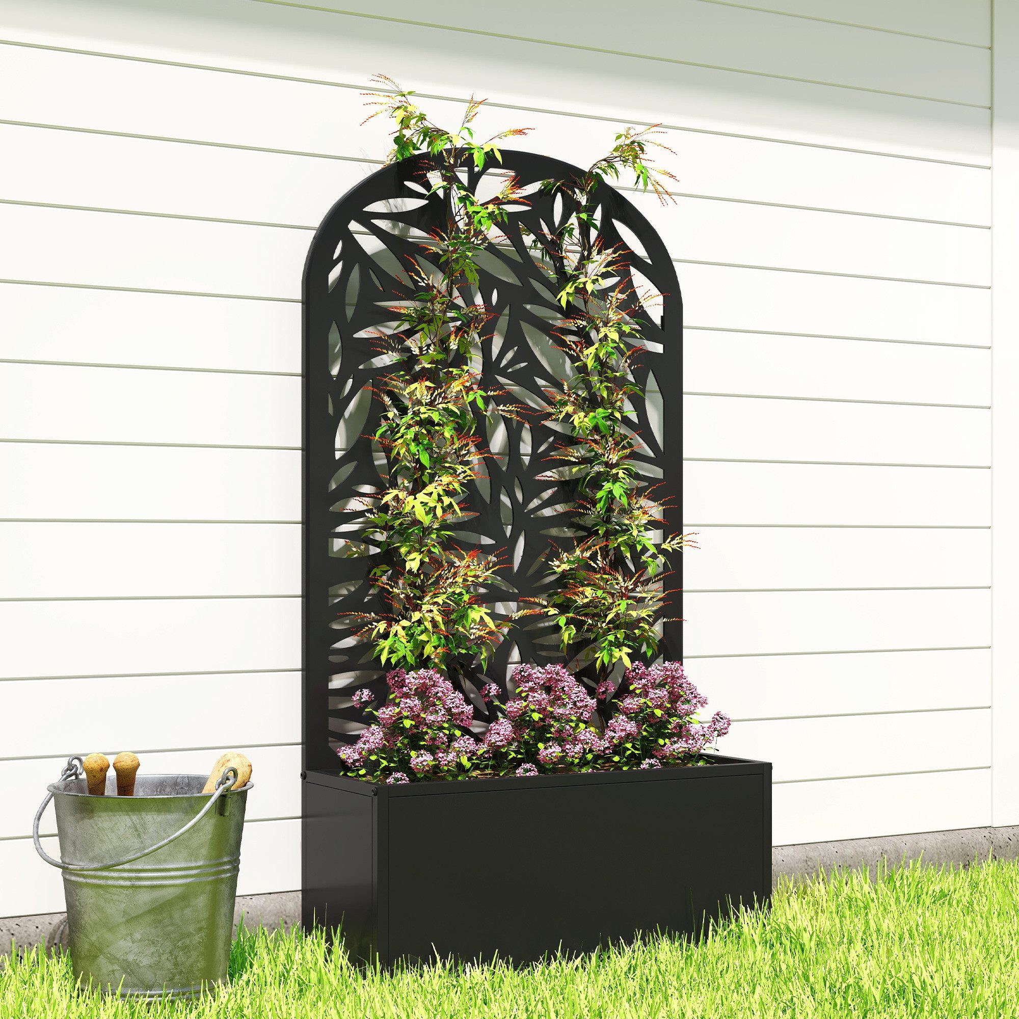 MC Star Hochbeet Pflanzkasten mit Rankgitter, Metallblumenkasten (zur Wand- oder Bodenmontage, 61 x 23 x 113 cm, schwarz)