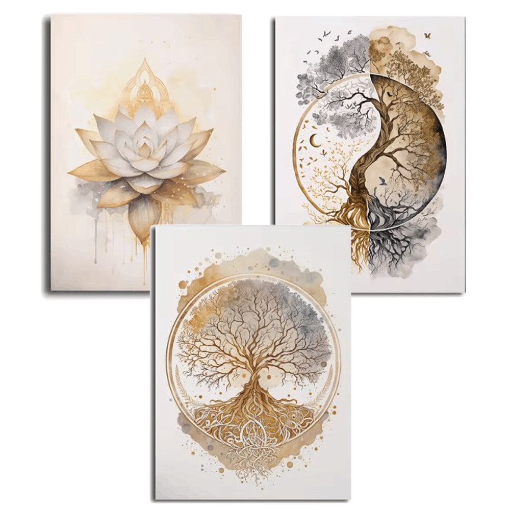 Zyronn Leinwandbild 3Pcs Lebensbaum Yin Yang Leinwand Bilder Malerei Poster Ohne Rahmen, (3 St), Wandbilder Wohnzimmer Schlafzimmer Badezimmer Wanddeko
