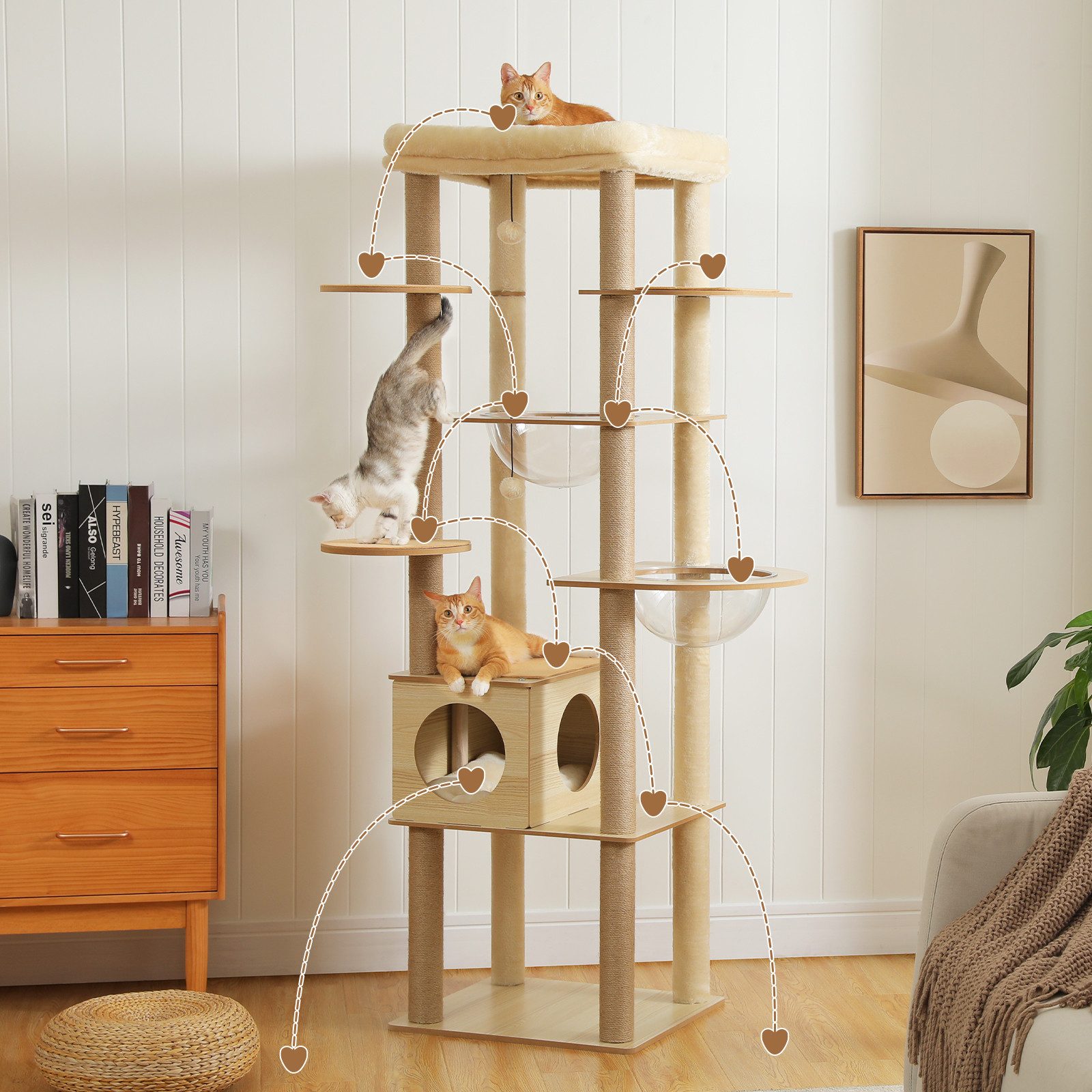PETEPELA Kratzbaum Kratzbaum für große Katzen 181 cm Holz Katzenbaum mit großer Höhle, mit große Hängematte und mehr Kratzsäule, Beige