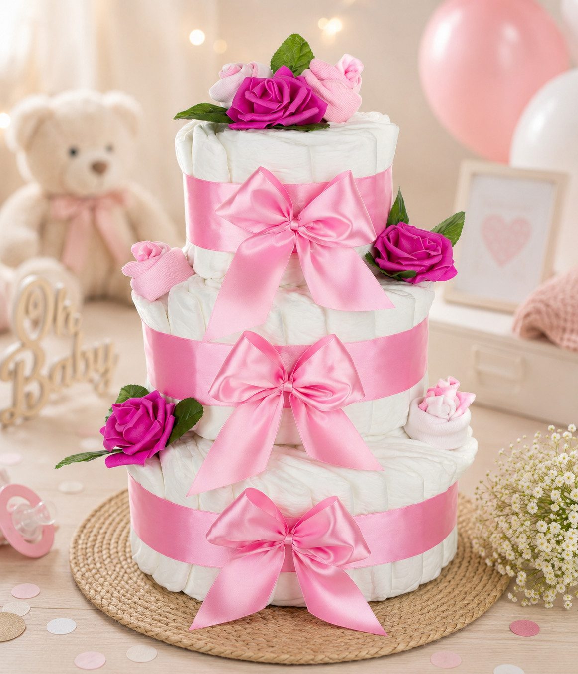 Neugeborenen-Geschenkset XXL Windeltorte Rosenblüte