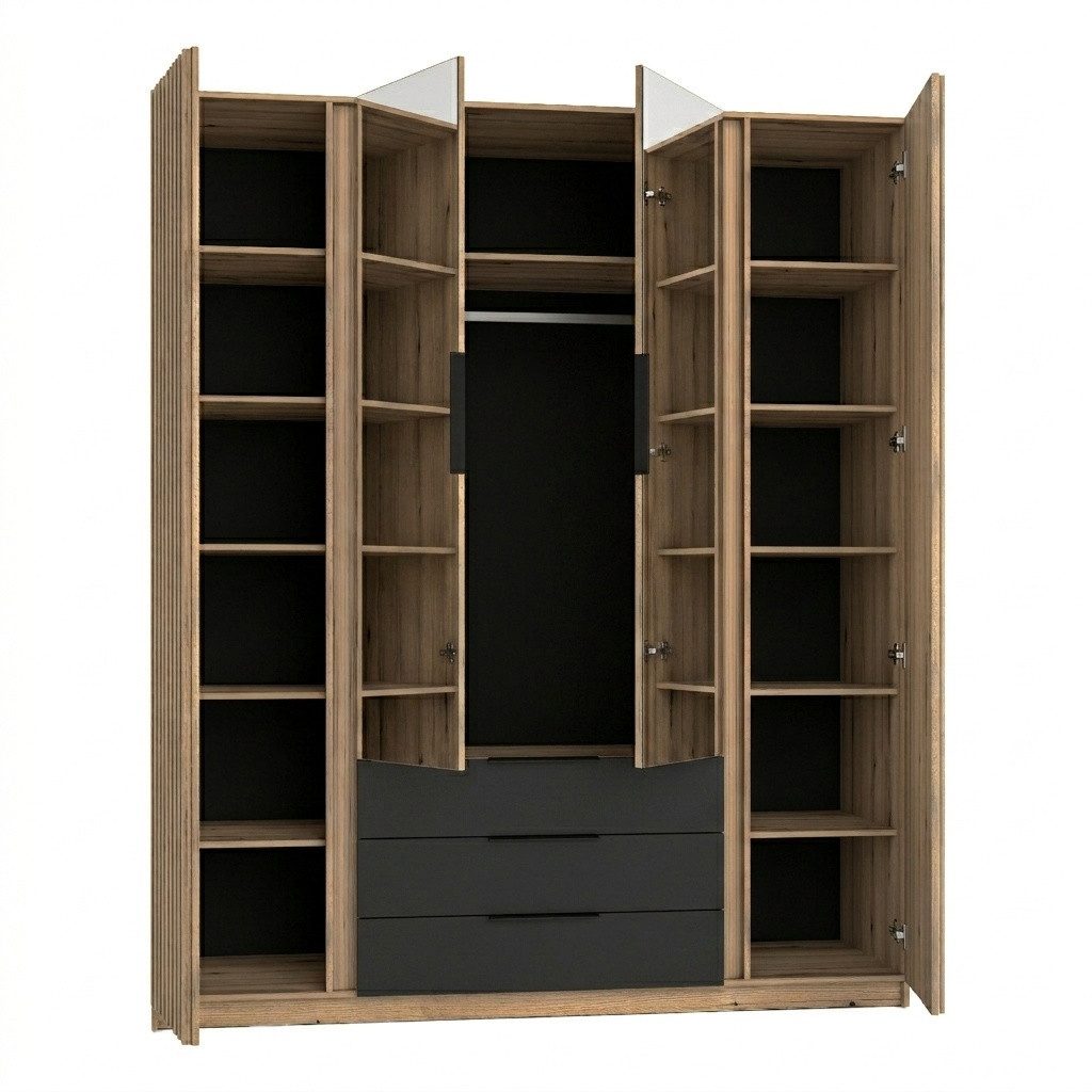 COMBO Drehtürenschrank 200x239cm 4 Spiegeltüren Schwarz Wotan Eiche Schlafzimmer (4 Drehtüren mit Spiegel Kleiderstangen Regalböden) Spiegeltüren Schwarz Eiche Dark Luxury modern stilvoll