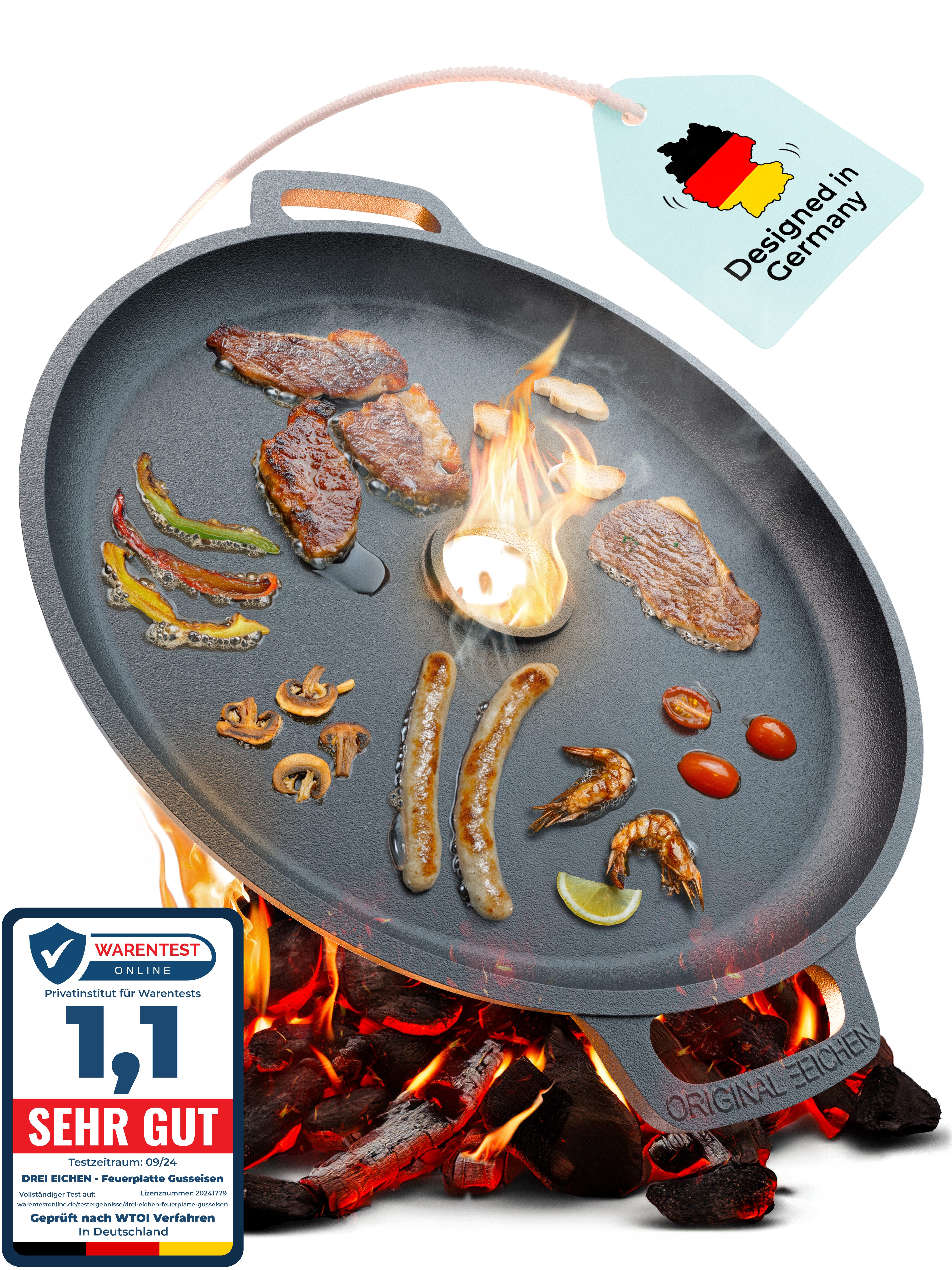 Drei Eichen Grillplatte Feuerplatte aus Gusseisen mit Tropfschutz. Ø35cm. Plancha Raketenofen (Stück, 1x Plancha Grillplatte aus Gusseisen Ø 35 cm, Stärke 5 mm Loch Ø 4 cm), Aufsatz / Plancha Grillplatte aus Gusseisen, rund Ø 35 cm, Stärke 5 mm