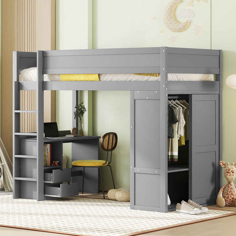 REDOM Hochbett Holzbett, ausgestattet mit Kleiderschrank, Schreibtisch und Schubladen (90*200cm) ohne Matratze