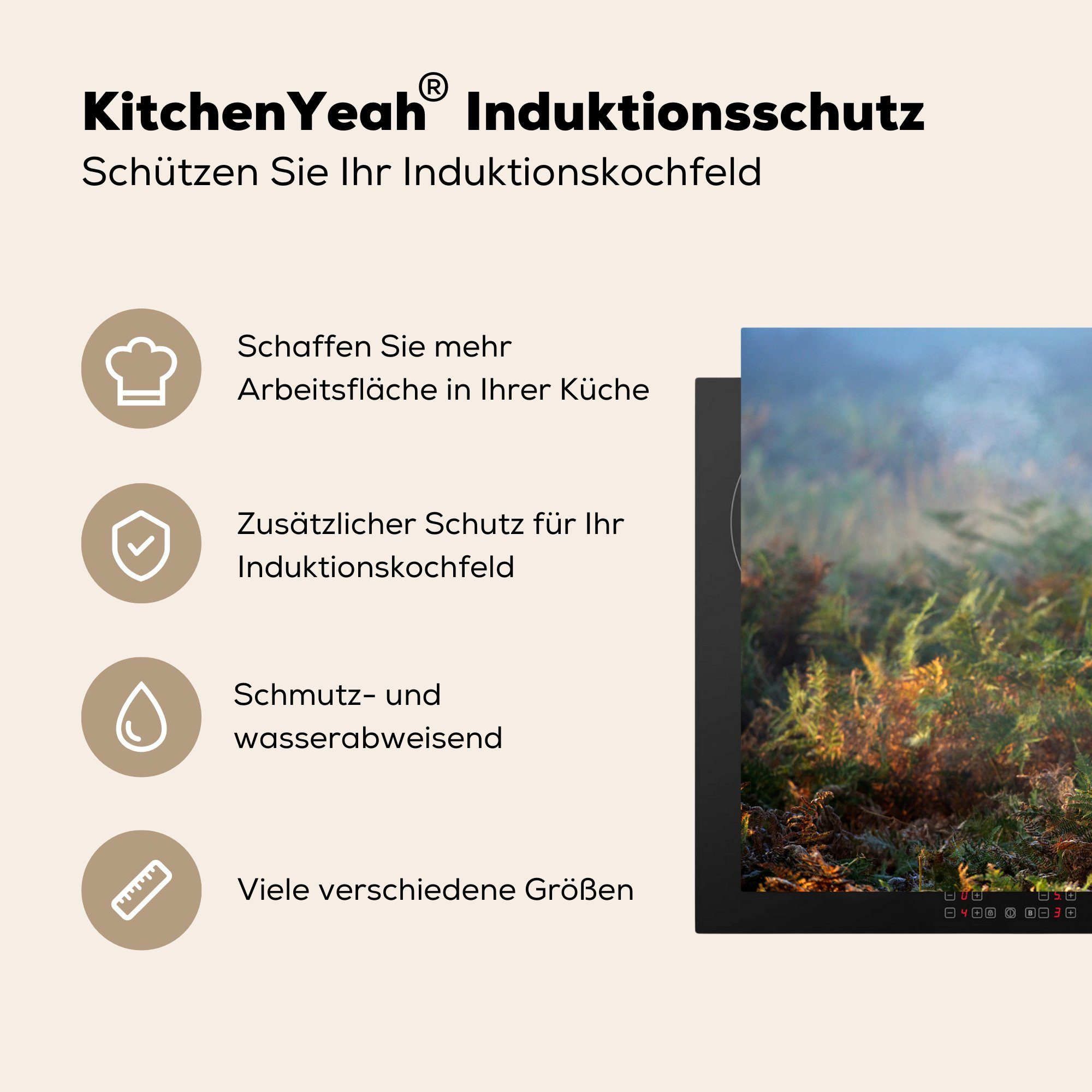 Nebel, cm, tlg), (1 Schutz MuchoWow Vinyl, 81x52 Ceranfeldabdeckung Induktionskochfeld - für die Herdblende-/Abdeckplatte - Wald Hirsche küche,