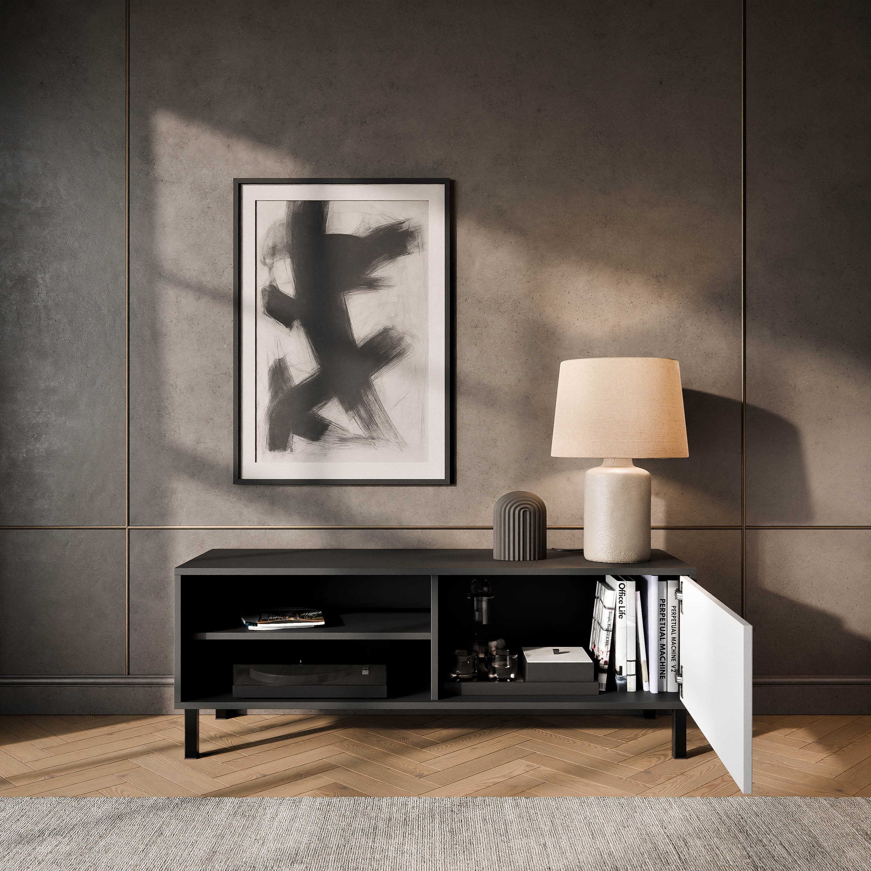 Planetmöbel TV-Schrank Liora TV Board, Lowboard 120 cm lang, TV Kommode (für Fernseher bis 50 Zoll, Fernsehtisch für Wohnzimmer, viel Stauraum) Fernsehschrank m – Bild 3 von 5