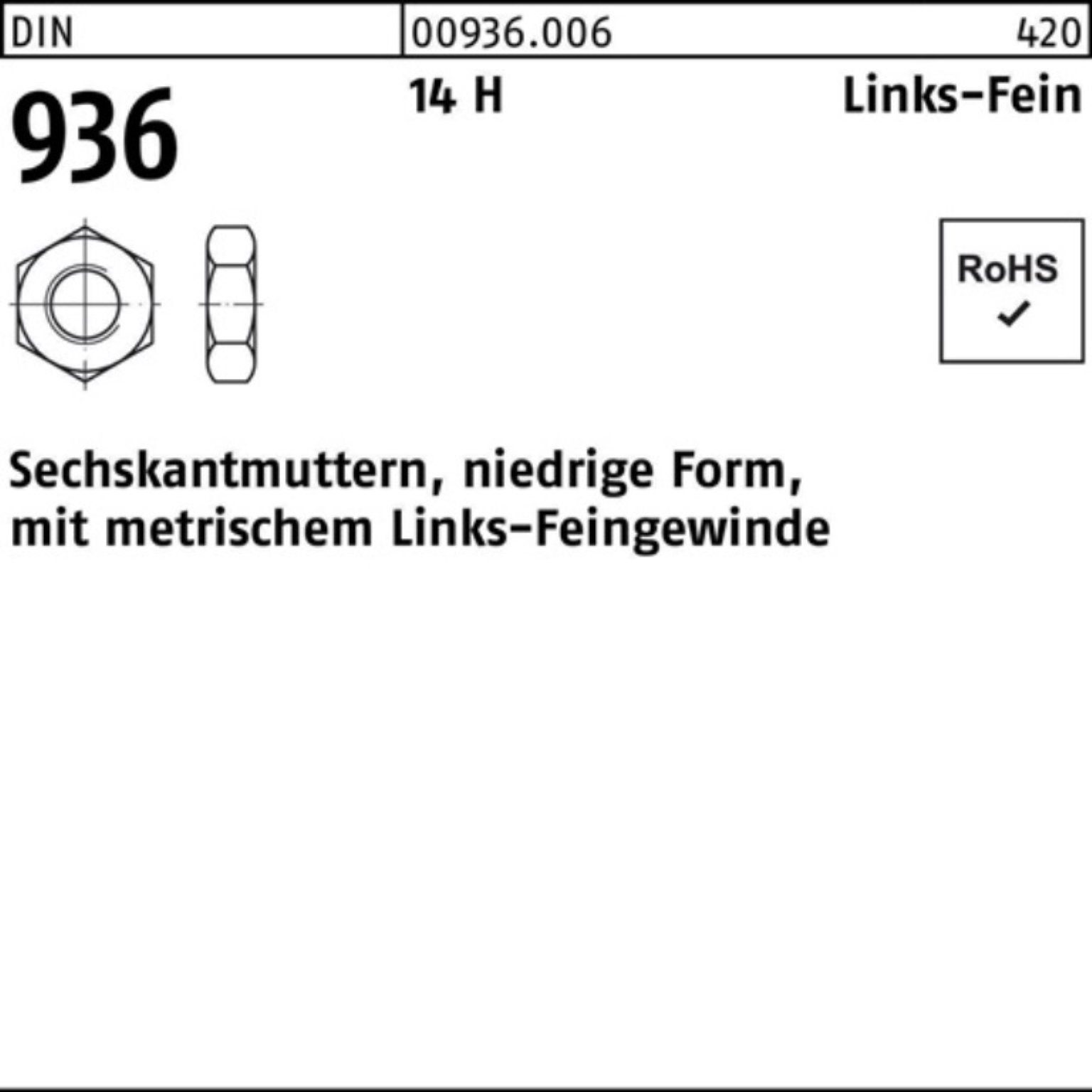 936 Sechskantmutter H Muttern -LH links Pack 1,5 D M16x DIN 100er Stück 14 50 Reyher
