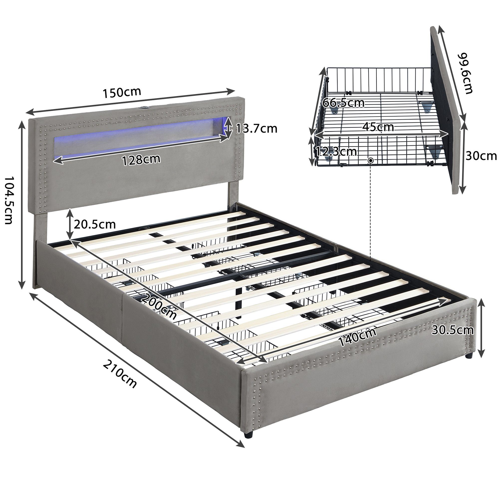 Polsterbett (140 x 200 cm Bett mit 4 Schubladen, LED Beleuchtung und USB-Anschluss), Doppelbett mit Lattenrost und Fernbedienung, hohem Kopfteil, Samt