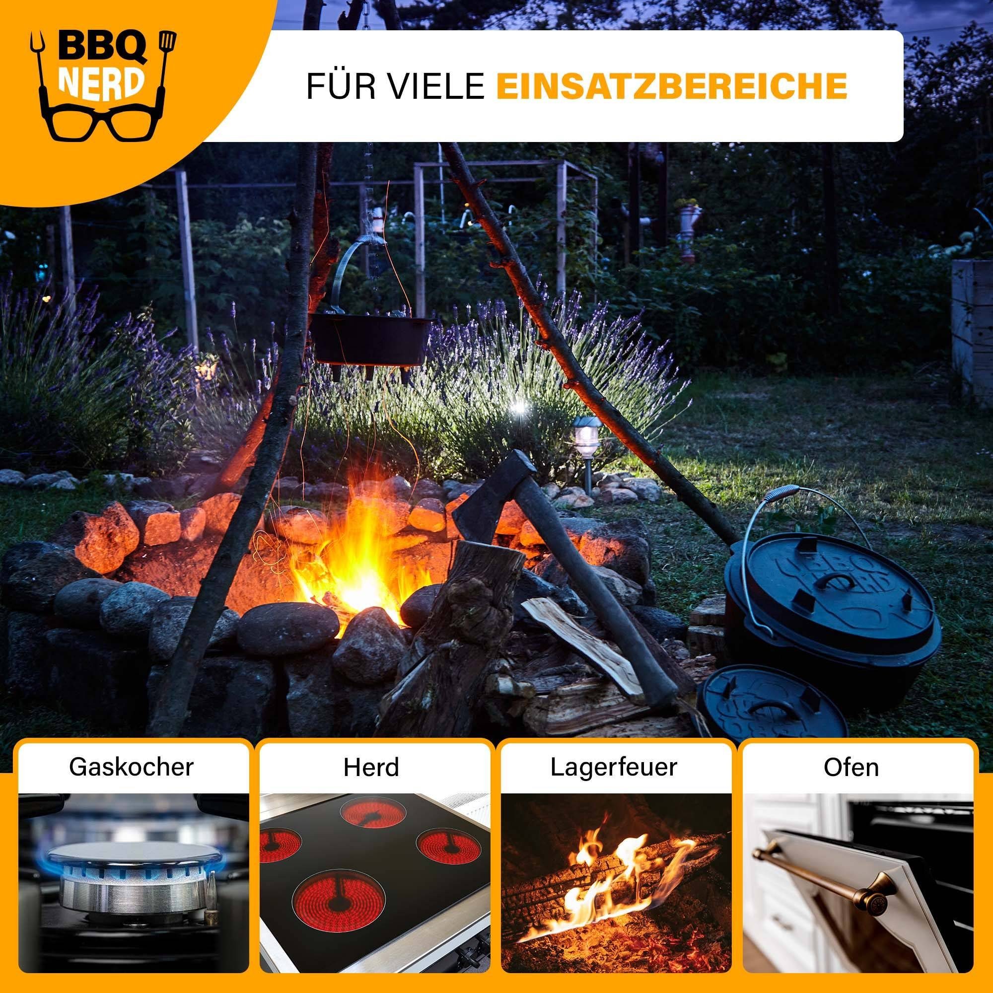 13,6L), / 4,2L Füßen, & Feuertopf Professional Deckelheber , eingebrannt mit Oven Camping Feuerfester Grill mit Deckel BBQ Nerd inkl. Bräter 9,0L (Dutch / Kochtopf, preseasoned, - 7,3L Grilltopf bereits