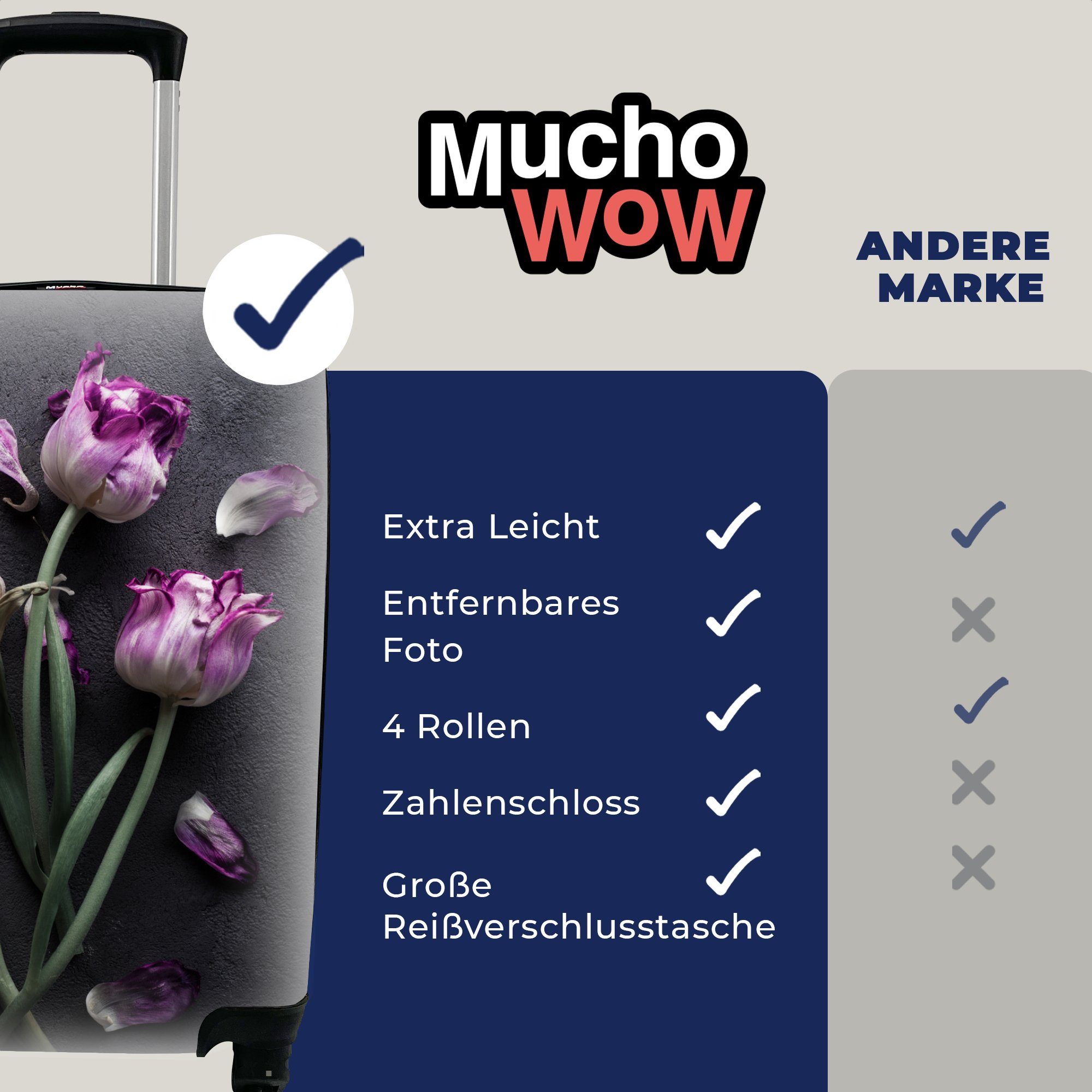 MuchoWow - rollen, Handgepäckkoffer Handgepäck 4 Blätter, Reisetasche Lila Reisekoffer Rollen, - für Trolley, Tulpen Ferien, mit