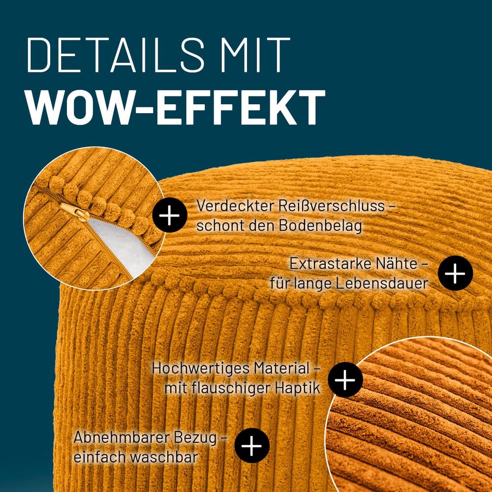 Lumaland Sitzsack Sitzsack-Hocker Pouf rund Cord 50l senfgelb, supersofte Füllung EPS-Perlen – Bild 4 von 5