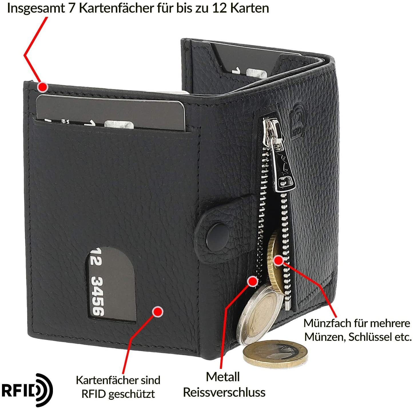Solo Pelle Mini Geldbörse Wallet Design RFID echt elegantem Riva Schutz [12 Karten] Made Europe in [RFID-Schutz], mit Leder, Slim mit Schwarz Slimwallet in Münzfach