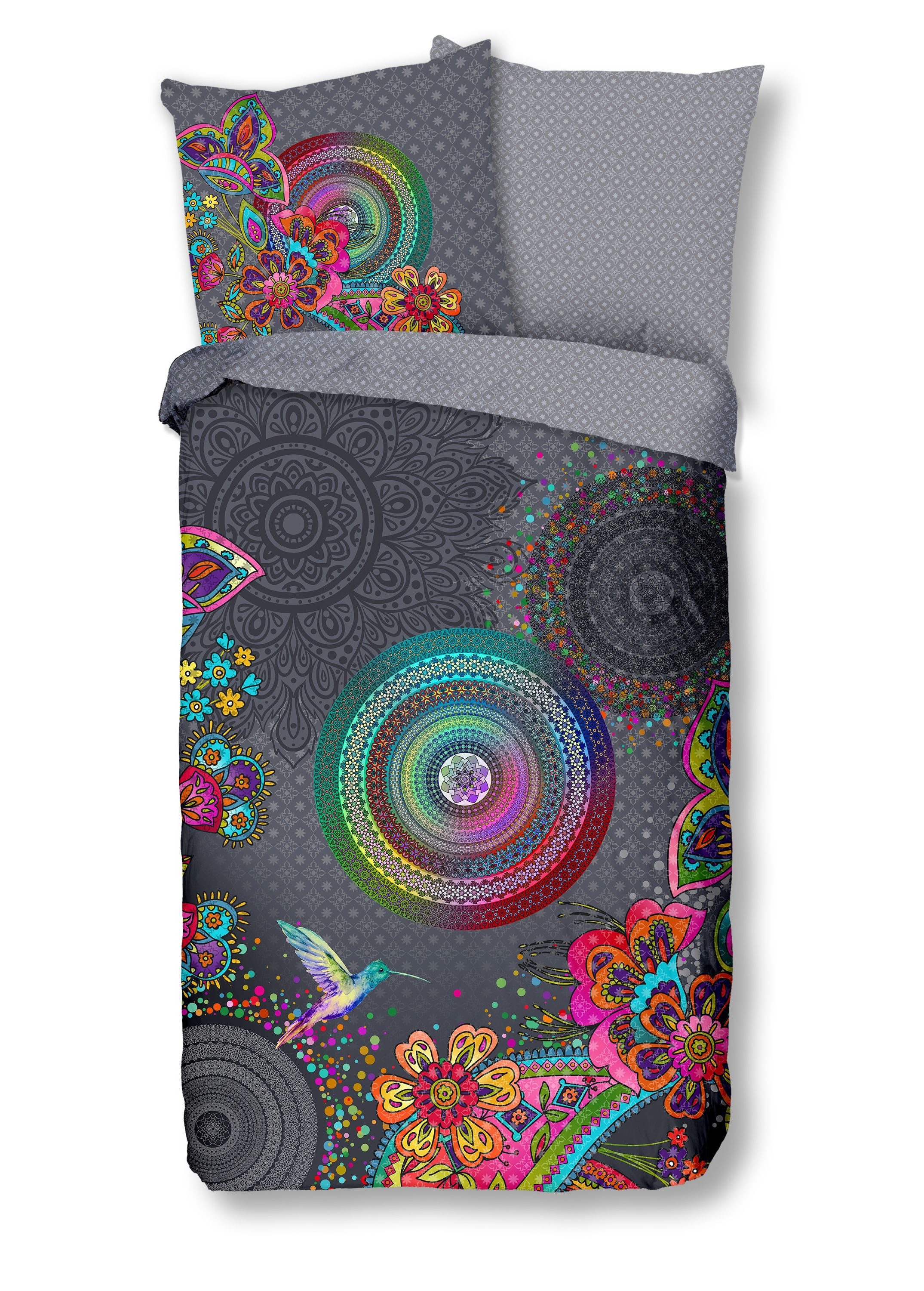 hip Bettwäsche Baumwolle, Renforcé, 2 teilig, bunte Mandalas auf grauem Hintergrund