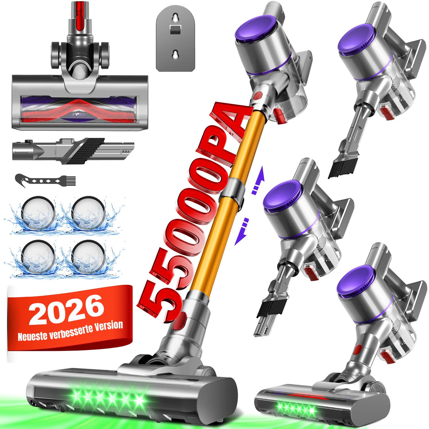 Adormii Akku-Hand-und Stielstaubsauger Akku staubsauger 55000Pa/50Min, Staubsauger Kabellos HEPA*4, 5-stufiges-8-Loch-Filtersystem,LED und V-förmige Anti-Tangle-Bürste, 58dB leise,für Teppich,Hartböden&Tierhaare
