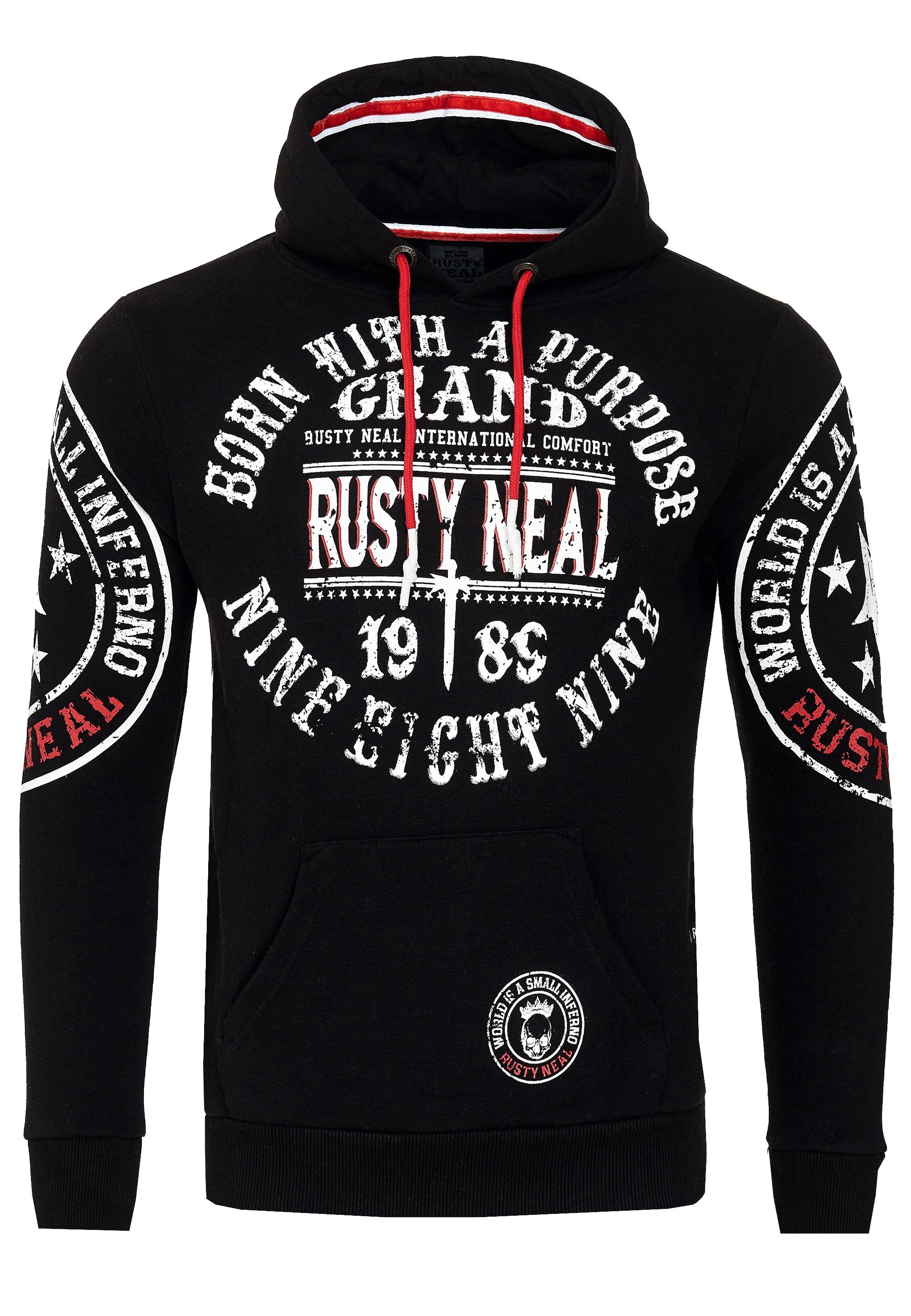 Rusty Neal mit Markenprints Kapuzensweatshirt coolen schwarz-weiß