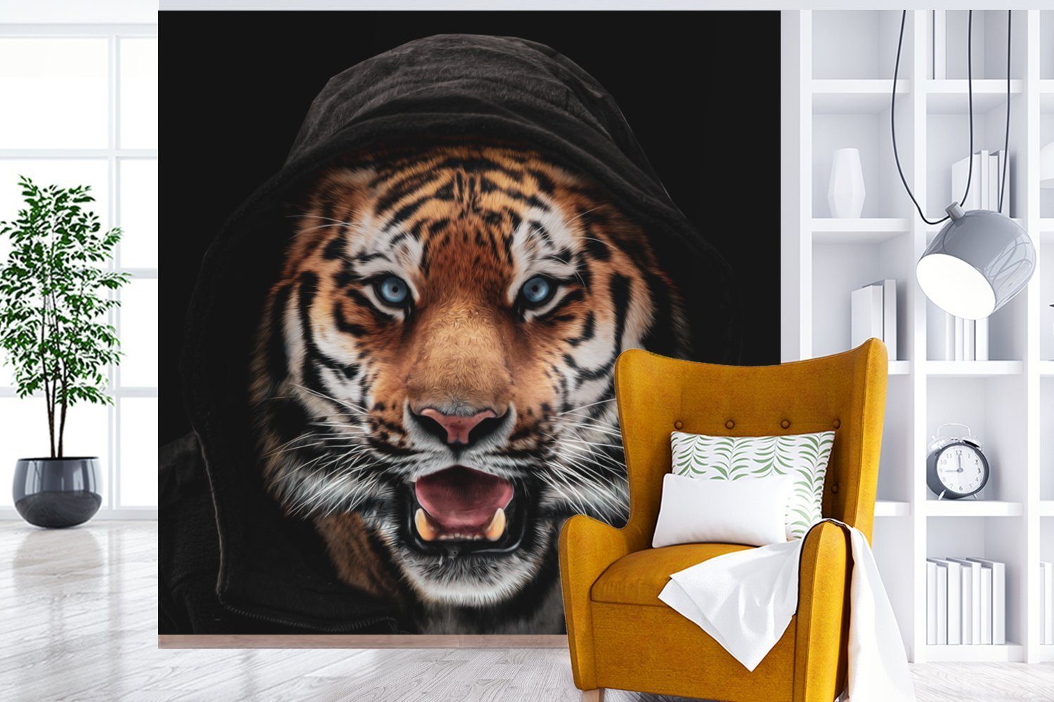 Tiger Fototapete MuchoWow Wohnzimmer St), bedruckt, oder Wandtapete Kleidung Matt, - Tapete (5 Schlafzimmer, Blau, Vinyl für -