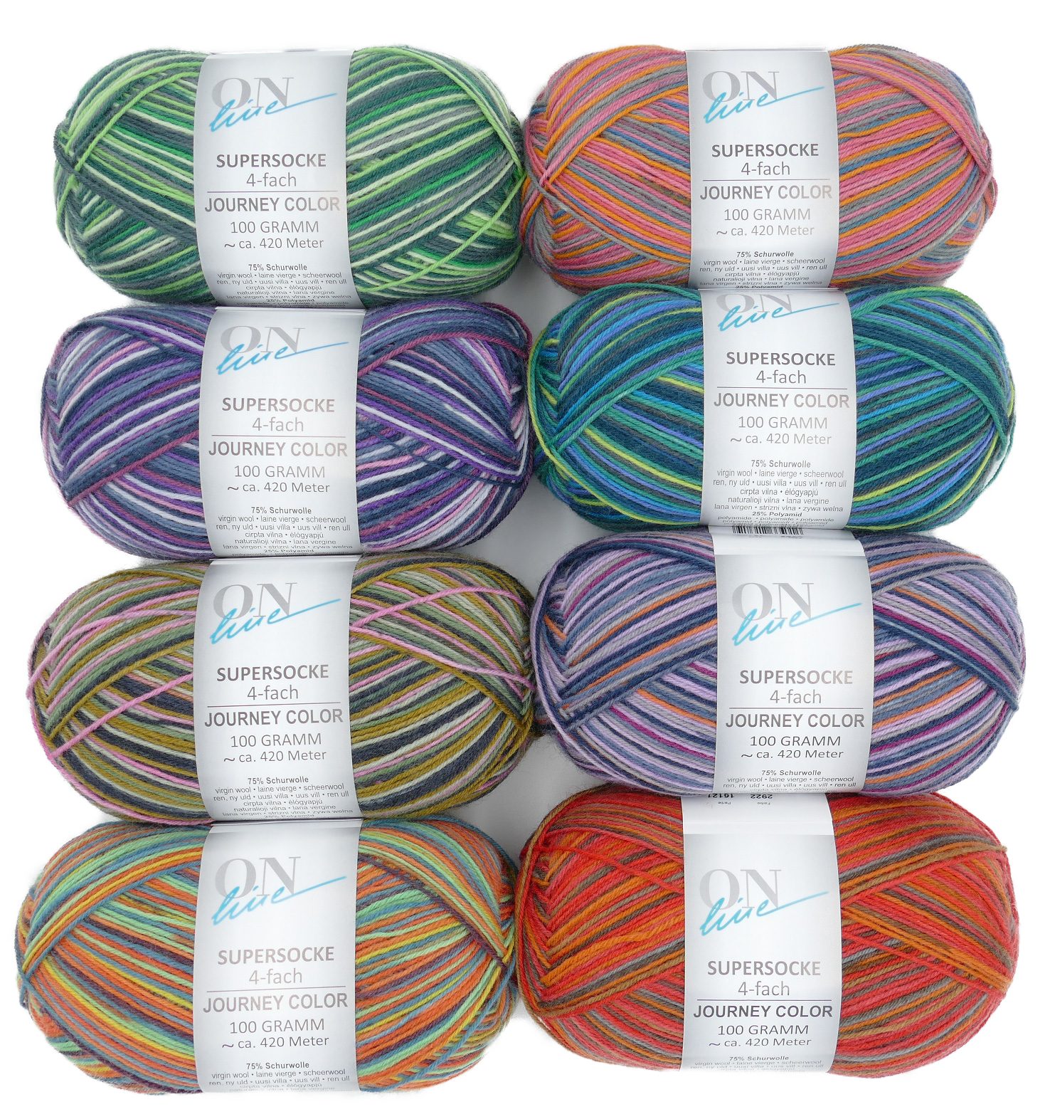 Online Garne Sockenwolle Paket 350 Journey Color 8x100g Häkelwolle, (Strumpfwolle 4fädig, Sockengarn 4fach, Wolle zum Socken und Strümpfe stricken oder häkeln)