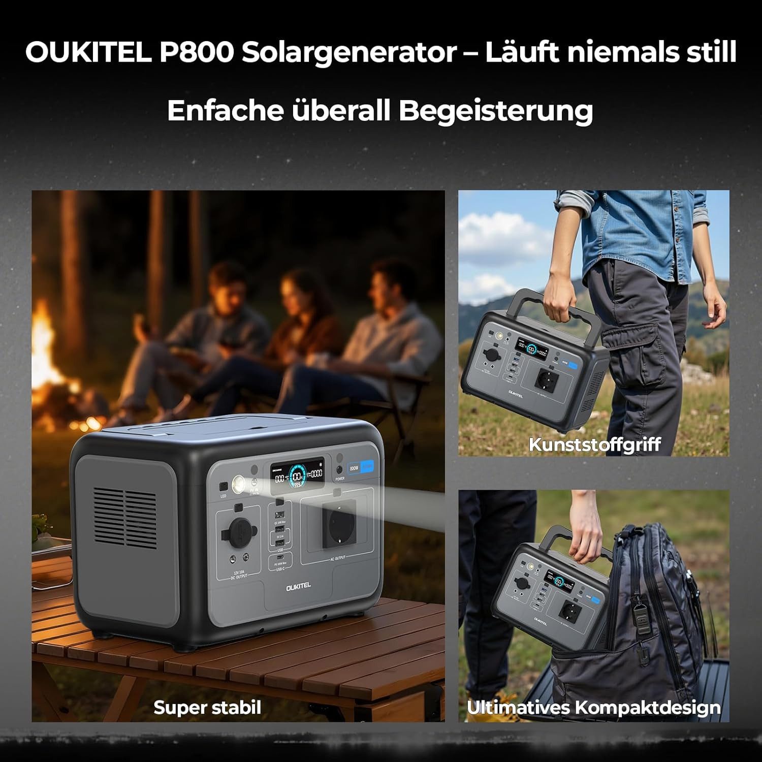 OUKITEL Stromerzeuger Solargenerator 800W, 512Wh Tragbarer Powerstation, 1600 in kW, (Stromversorgung Set, 1-tlg., Stromerzeuger), LiFePO4 Batterie, für Camping Outdoor