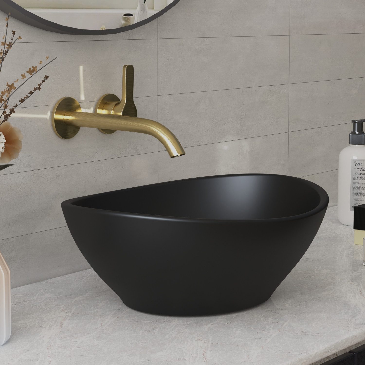 DeerValley Aufsatzwaschbecken DeerValley Oval Keramik Aufsatzwaschbecken Badezimmer Gäste-WC 40x33cm (Packung, ohne Armatur und Ablaufgarnitur), Ovale Keramik-Waschschale in Schwarz ohne Hahnloch