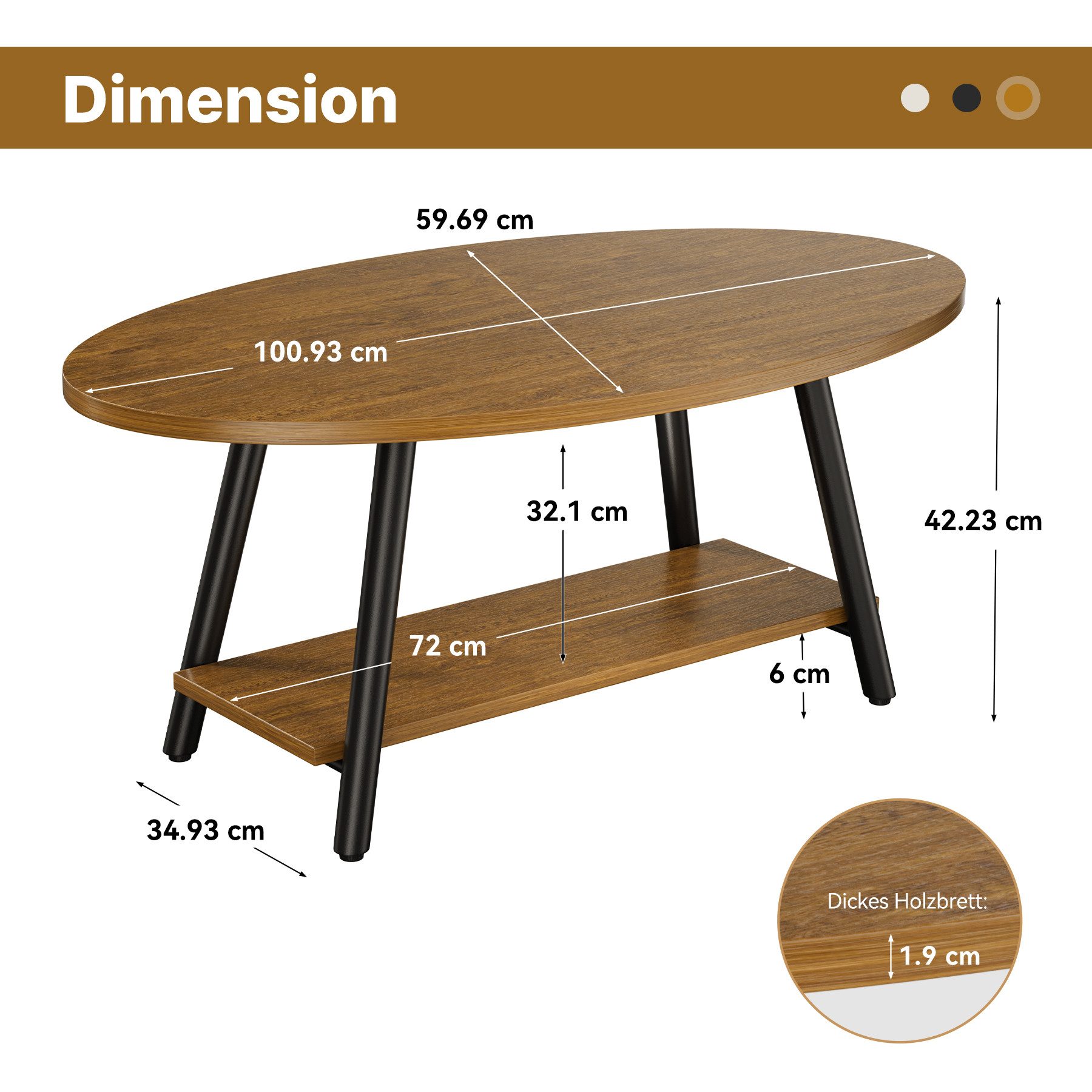 HawthyHome Couchtisch ovaler 2-stöckiger Beistelltisch mit Stauraum, 101 x 60 cm (1-St), Moderner Massivholztisch, ideal für Wohnzimmer und Schlafzimmer