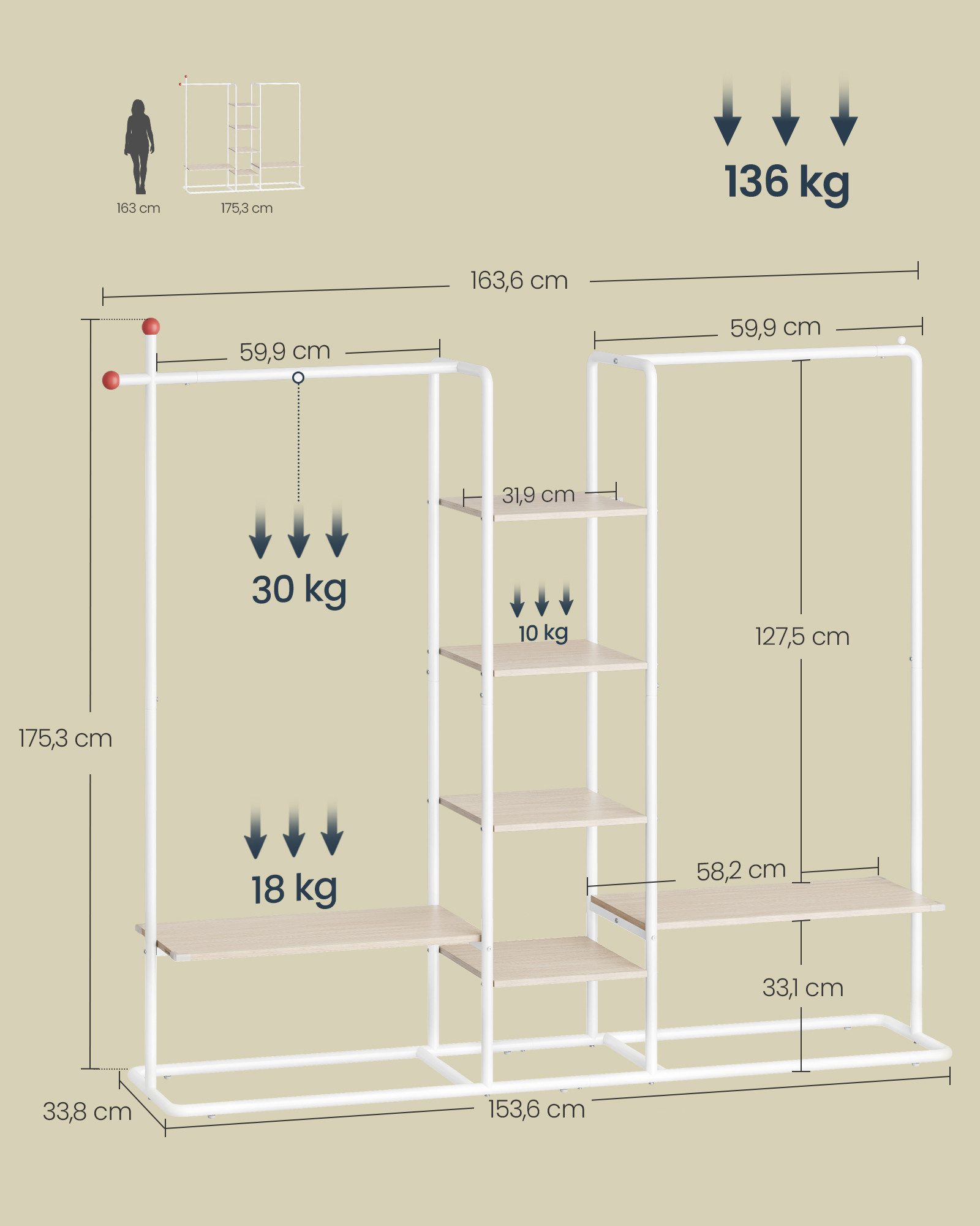 SONGMICS HOME Kleiderständer, Garderobenständer, offener Kleiderschrank, Haken in Streichholz-Form
