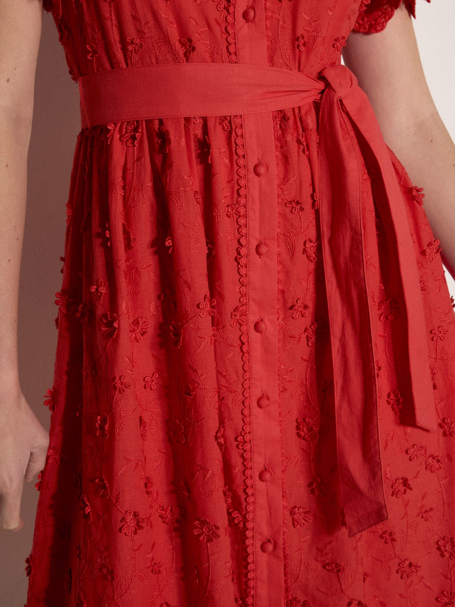 Apricot Midikleid Baumwollkleid (Stoffgürtel) mit Blumenstickerei