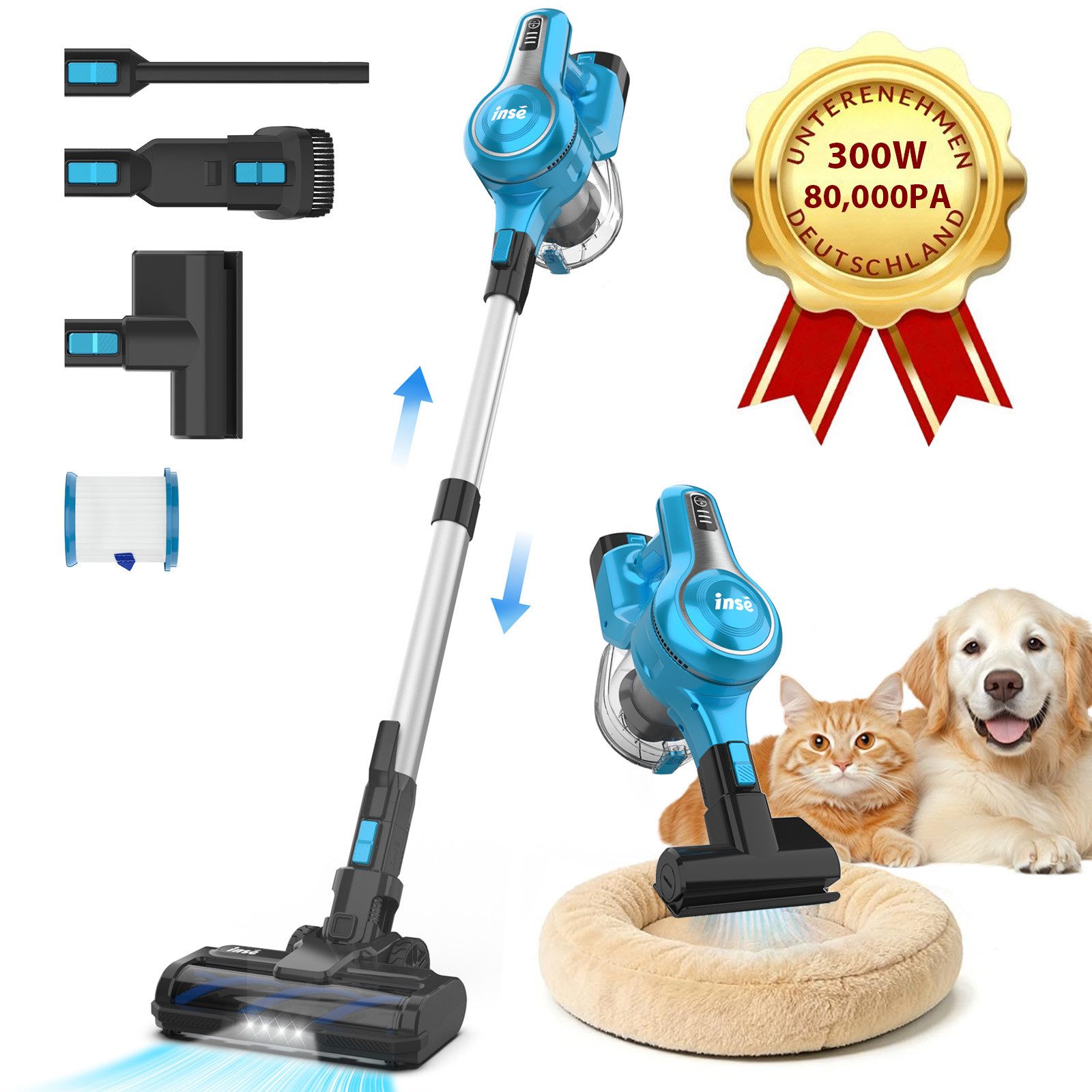 INSE Akku-Hand-und Stielstaubsauger Akku Staubsauger 80000Pa/300W/50Min, 1.8 L Staubsauger Kabellos, mit Beutel, 50dB leise/5-Stufen-Filter/LED Display, Ideal für Böden/Teppiche/Auto