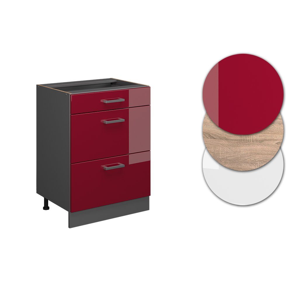 Vicco Unterschrank R-Line, Rot Hochglanz/Anthrazit, 60 cm mit Schubladen, ohne Arbeits... (1-St)