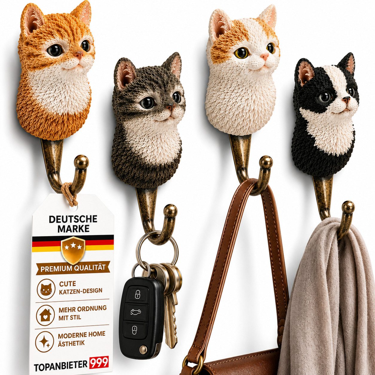 Topanbieter999 Dekohaken Wandhaken Katze oder Hund 4 teilig, Flur, einfache Wandmontage, Garderobenhaken für Flur, Küche und Kinderzimmer