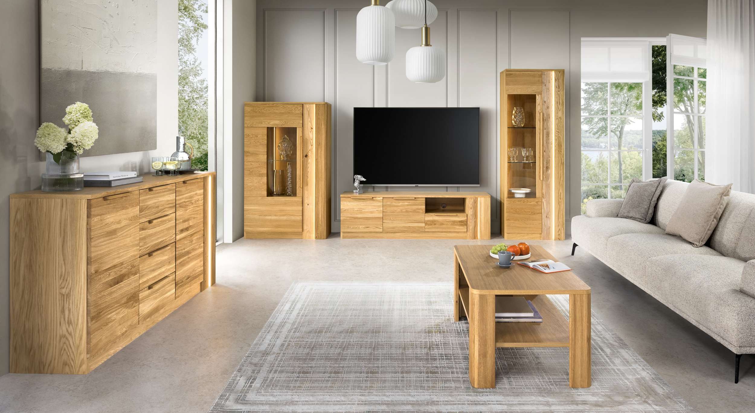 99rooms Wohnwand Pfronten, (Set (5-St), Wohnmöbel), Modern Design, mit LED-Beleuchtung, Soft-Close, aus Massivholz