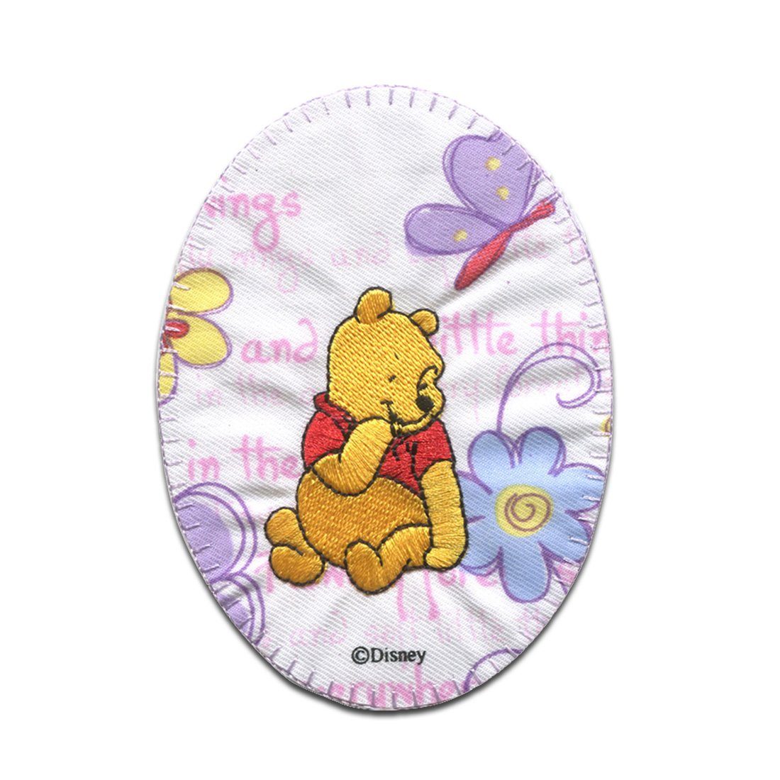Disney Aufnäher Bügelbild, Aufbügler, Applikationen, Patches, Flicken, zum aufbügeln, Polyester, Winnie Pooh Blumen sitzt - Größe: 10,7 x 8 cm