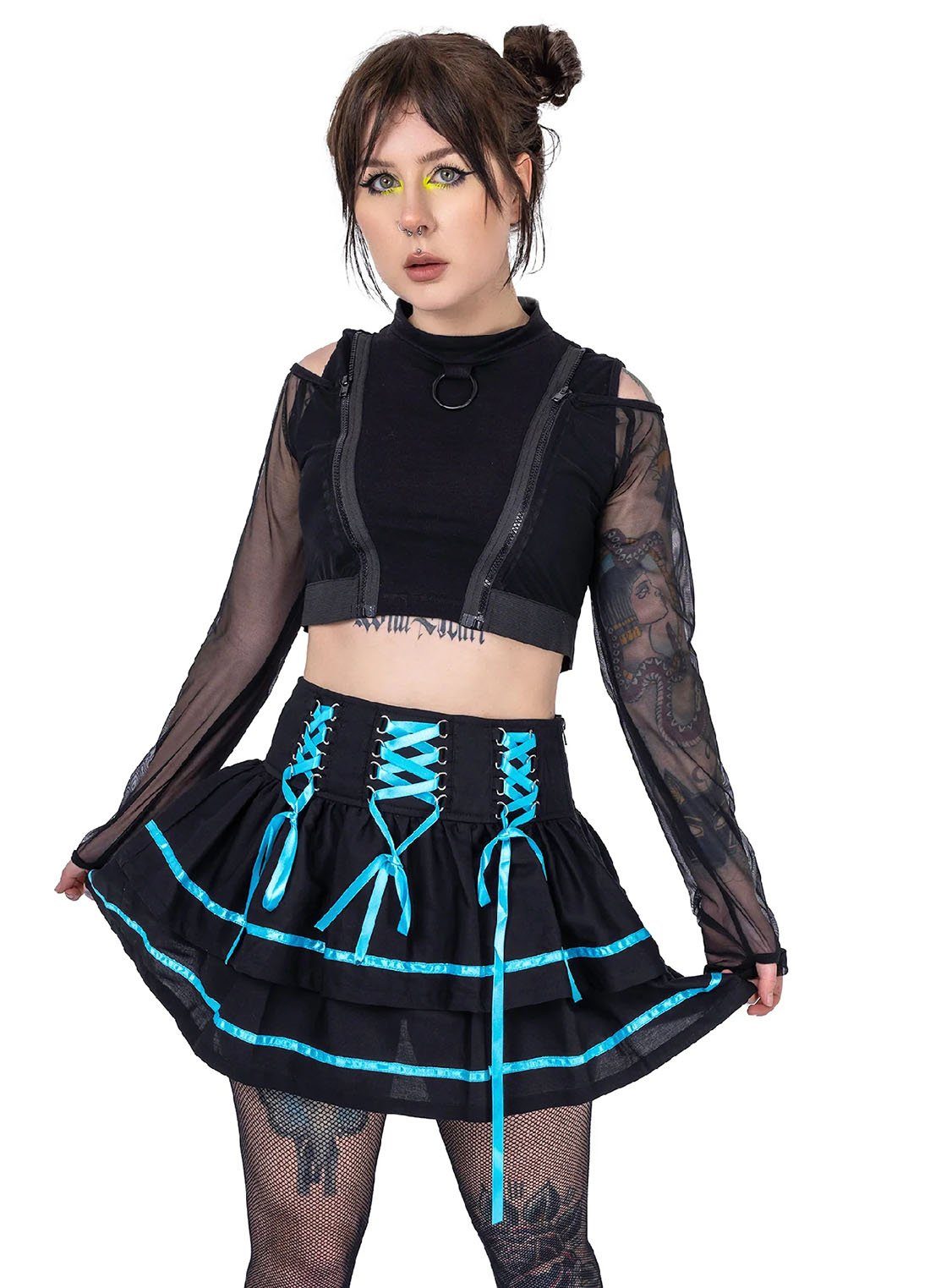 Poizen Industries Stufenrock Cyber Skirt Schwarz Blau Goth Gothic Schnürung Volant