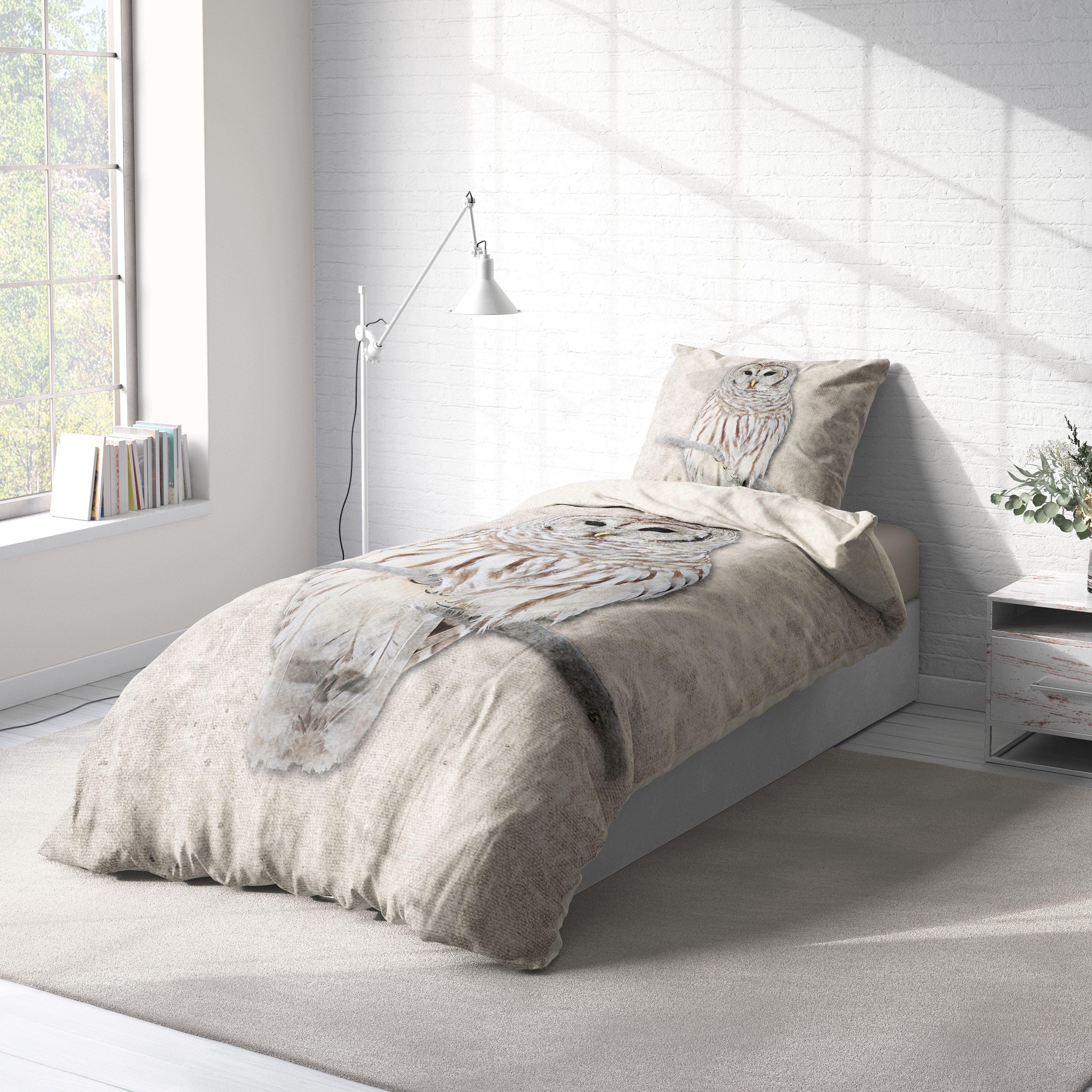 One Home Bettwäsche Winter Thermofleece, Fleece, 4 teilig, Eule Natur Tiermotiv, kuschelig flauschig warm weich Modern