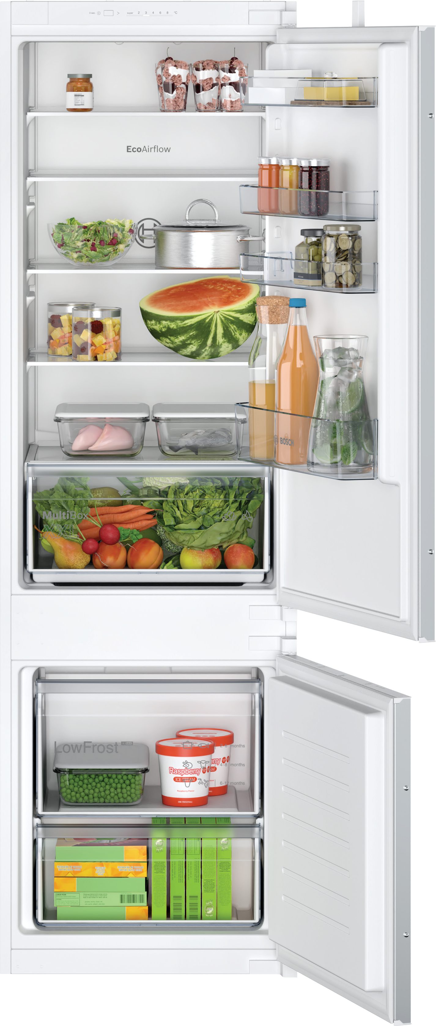 BOSCH Einbaukühlgefrierkombination Serie 2 KIV87NSE0, 177,2 cm hoch, 54,1 cm breit, Multi Box XXL: extragroße Schublade für Obst und Gemüse