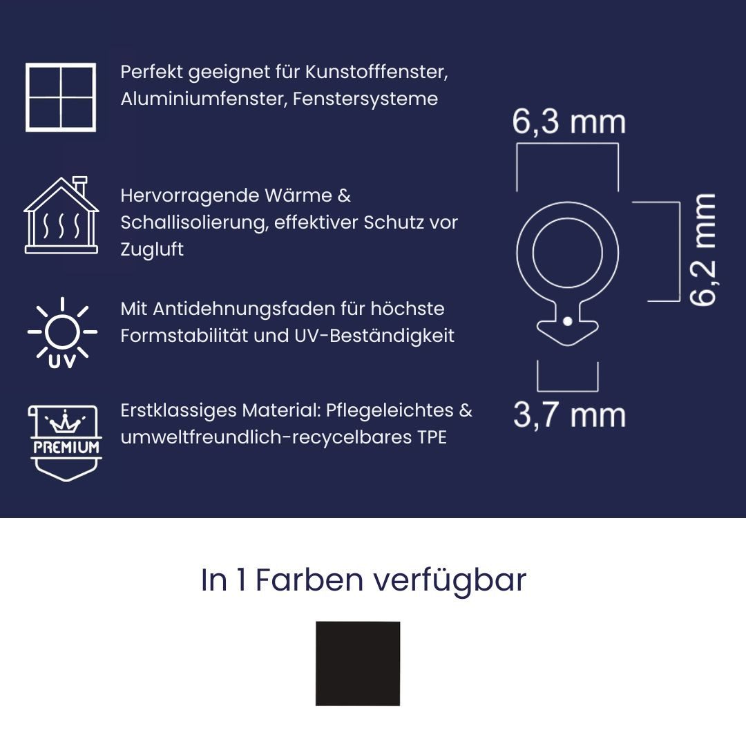 Dikara Dichtungsband Schlauchdichtung Fensterdichtung Rahmen Flügel Nut 3,7mm Höhe 6,2mm, Antidehnungsfaden, TPE