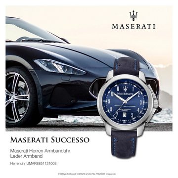 MASERATI Quarzuhr Maserati Herren Uhr Analog Successo, (Analoguhr), Herrenuhr rund, groß (ca. 52x44mm) Lederarmband, Made-In Italy