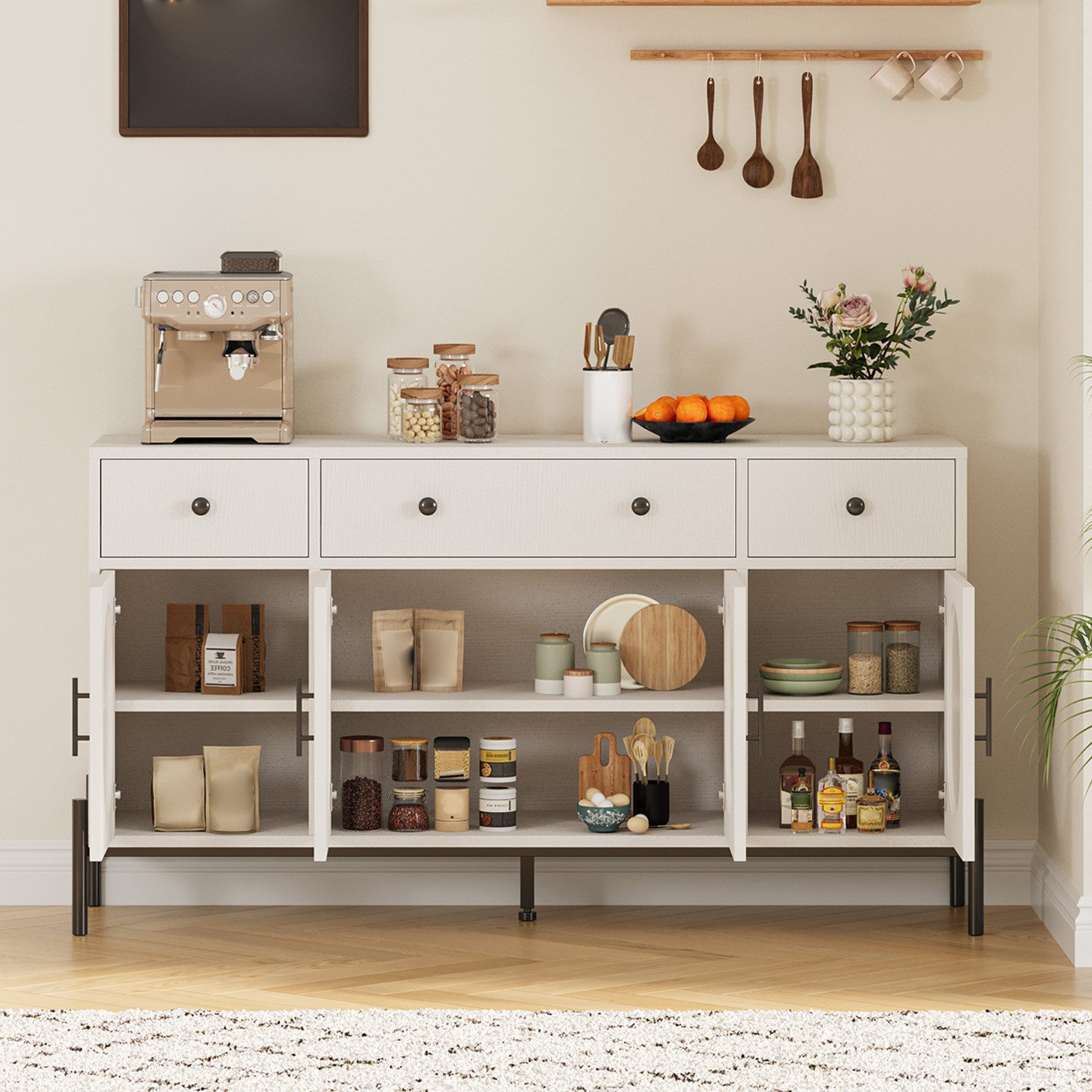 GarveeMore Anrichte Großes 158 cm Sideboard mit Stauraum, Kombikommode, Lowboard, Kommode, Schubkastenkommode mit 3 Schubladen und verstellbaren Einlegeböden