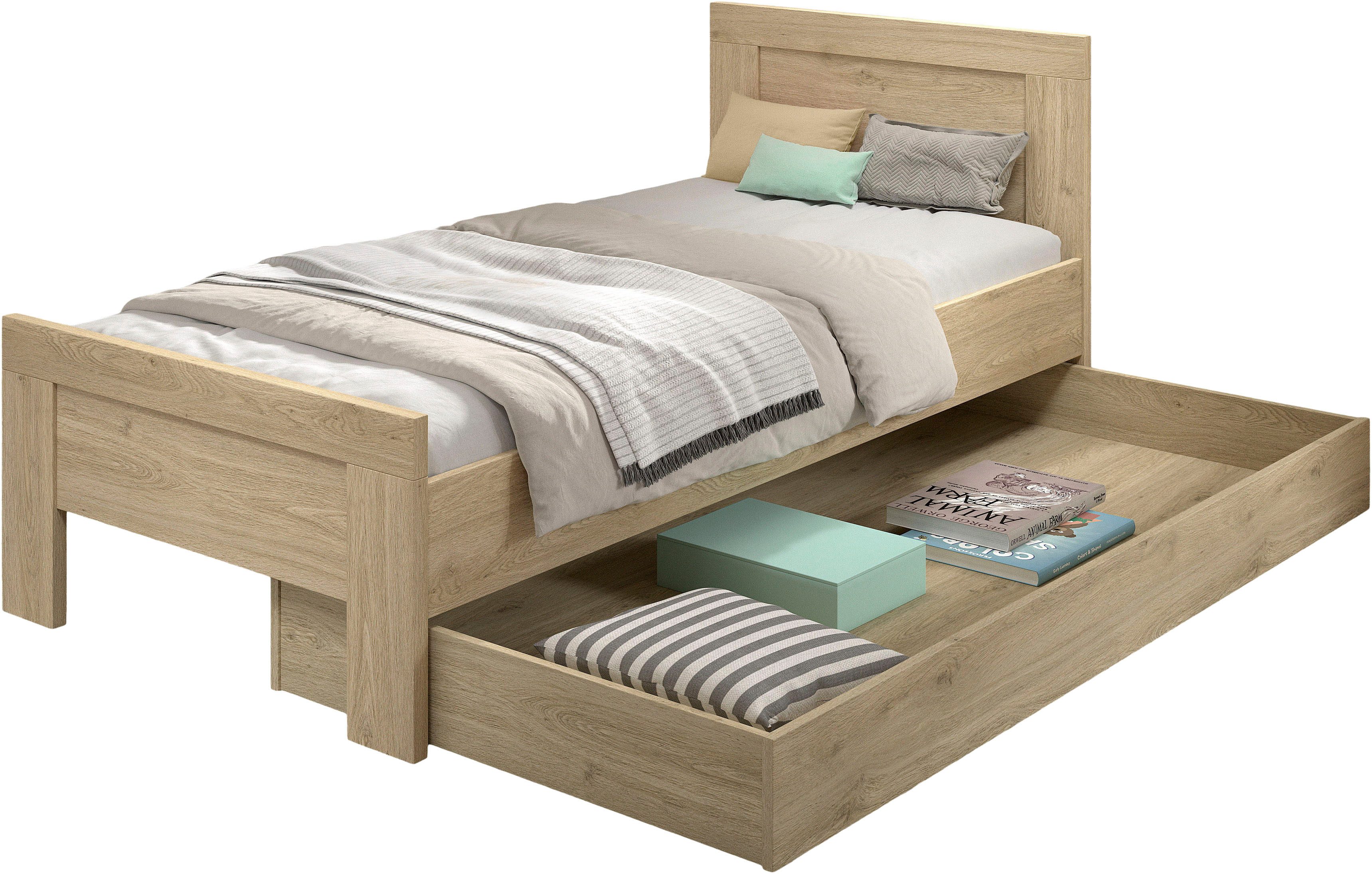Vipack Jugendzimmer-Set SAM - Bett und Bettschublade, gradliniges Design in wohnlichem Dekor, (2-tlg., Bettschublade auf Rollen auch als Stauraum nutzbar), die Oberfläche ist pflegeleicht, in der Ausführung Eiche Dekor