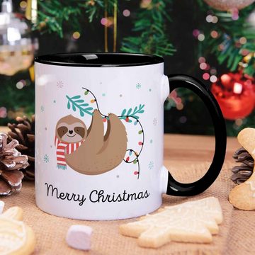 GRAVURZEILE Tasse mit Weihnachtsmotiv - Geschenke für Frauen & Männer zu Weihnachten, Spülmaschinenfest - Merry Christmas Faultier - Schwarz und Weiß